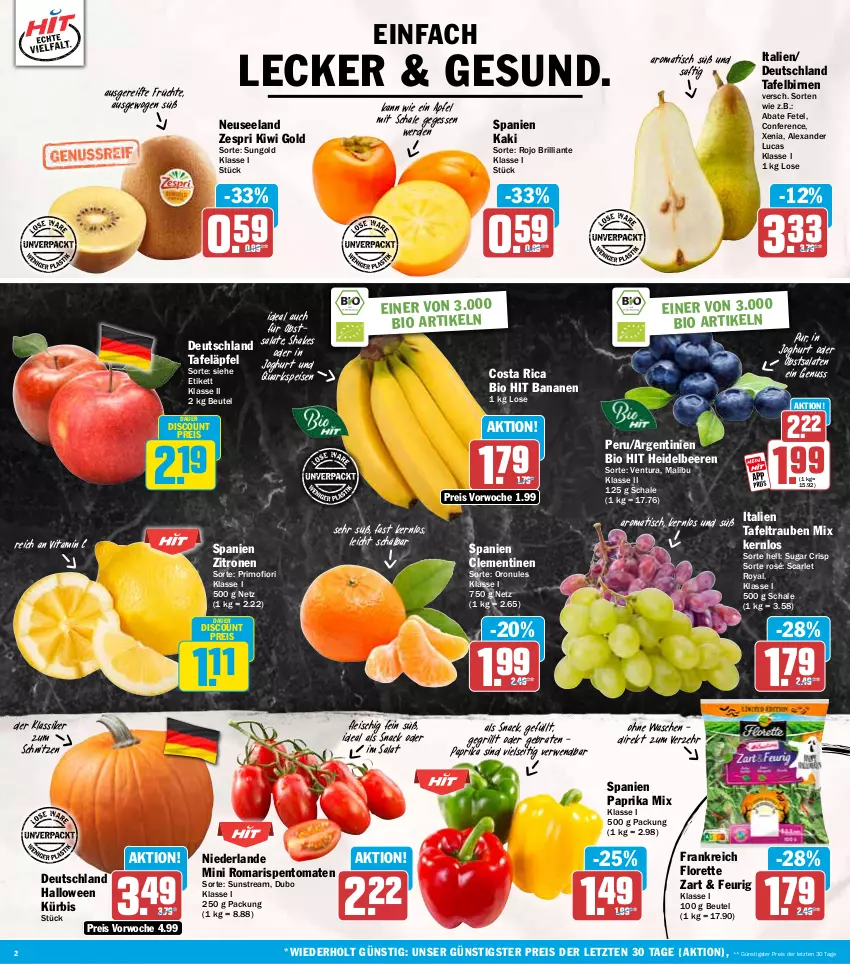 Aktueller Prospekt Hit - Wochenprospekt - von 20.10 bis 25.10.2025 - strona 2 - produkty: alexa, apfel, auer, banane, bananen, beere, beeren, beutel, bio, bio hit, Birnen, braten, clementinen, discount, eis, Elan, erde, fleisch, florette, früchte, grill, heidelbeere, heidelbeeren, joghur, joghurt, Kaki, kiwi, Kiwi Gold, Kürbis, Malibu, nuss, obst, paprika, paprika mix, quark, reis, rispentomaten, rwe, saft, salat, salate, Schal, Schale, shake, snack, tafeläpfel, tafelbirnen, tafeltrauben, Ti, tisch, tomate, tomaten, trauben, vita, Vitamin C, zespri, zitrone, zitronen, ZTE