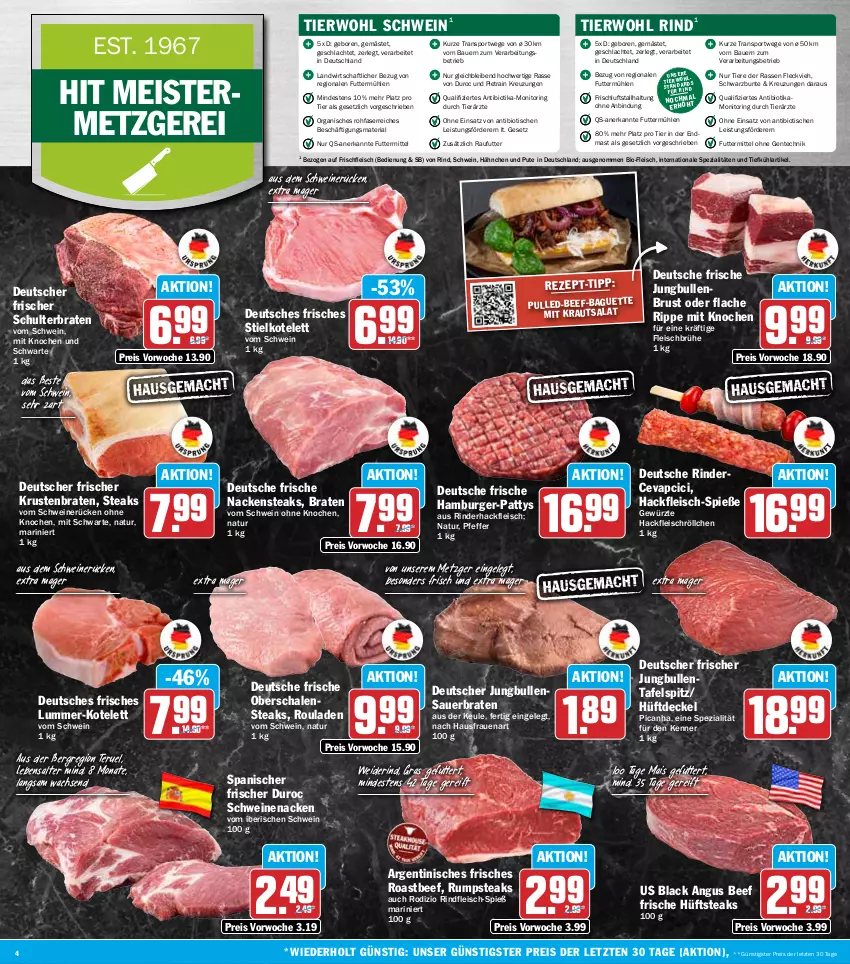 Aktueller Prospekt Hit - Wochenprospekt - von 20.10 bis 25.10.2025 - strona 4 - produkty: auer, baguette, Bau, Bauer, beef, bio, braten, Brühe, burger, cevapcici, decke, Deckel, eis, ente, fleisch, Geflügel, gewürz, hackfleisch, hamburger, hüftsteak, hüftsteaks, jungbullen, kotelett, Kraut, krautsalat, krustenbraten, lack, mais, Meister, monitor, Nackensteak, nackensteaks, natur, pfeffer, pute, reis, Ria, rind, rinder, rinderhackfleisch, rindfleisch, ring, roastbeef, rouladen, rum, rumpsteak, salat, Schal, Schale, schwein, schweine, schweinenacken, schweinerücken, Spezi, Sport, steak, steaks, tafelspitz, Ti, Tiere, tisch, wein, weine, ZTE