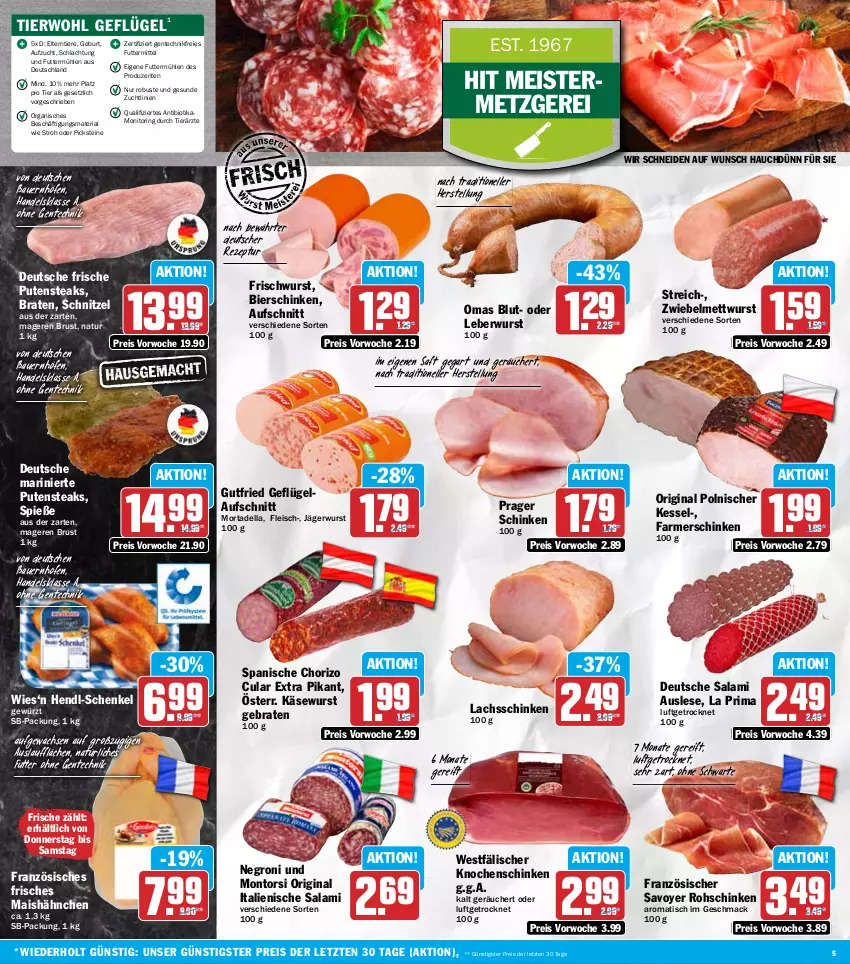 Aktueller Prospekt Hit - Wochenprospekt - von 20.10 bis 25.10.2025 - strona 5 - produkty: auer, aufschnitt, Bau, Bauer, bier, bierschinken, bio, braten, chorizo, dell, eis, elle, ente, farmerschinken, fleisch, Geflügel, gewürz, gin, gutfried, Hendl, henkel, Käse, Käsewurst, lachs, lachsschinken, leberwurst, mac, mais, Meister, Mett, mettwurst, monitor, montorsi, mortadella, natur, pute, putensteaks, reis, rezept, Ria, ring, rohschinken, saft, salami, schenkel, schinken, schnitzel, steak, steaks, Ti, Tiere, tisch, wurst, ZTE, zwiebel, zwiebelmettwurst