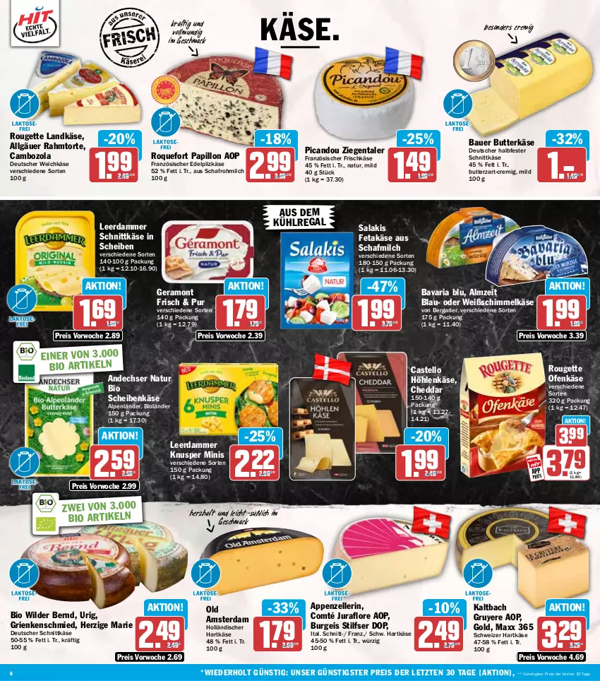 Aktueller Prospekt Hit - Wochenprospekt - von 20.10 bis 25.10.2025 - strona 6 - produkty: andechser natur, appenzeller, auer, aus dem kühlregal, Bau, Bauer, bavaria blu, bergader, bio, butter, butterkäse, cambozola, cheddar, comté, deutscher schnittkäse, deutscher weichkäse, eis, elle, feta, frischkäse, Grienkenschmied, halbfester schnittkäse, hartkäse, höhlenkäse, Jura, Käse, kühlregal, landkäse, leerdammer, LG, mac, milch, natur, ndk, Ofen, Ofenkäse, Old Amsterdam, regal, reis, Ria, rouge, rougette, salakis, schnittkäse, schweizer hartkäse, Ti, torte, weichkäse, Wild, Wilder Bernd, ZTE
