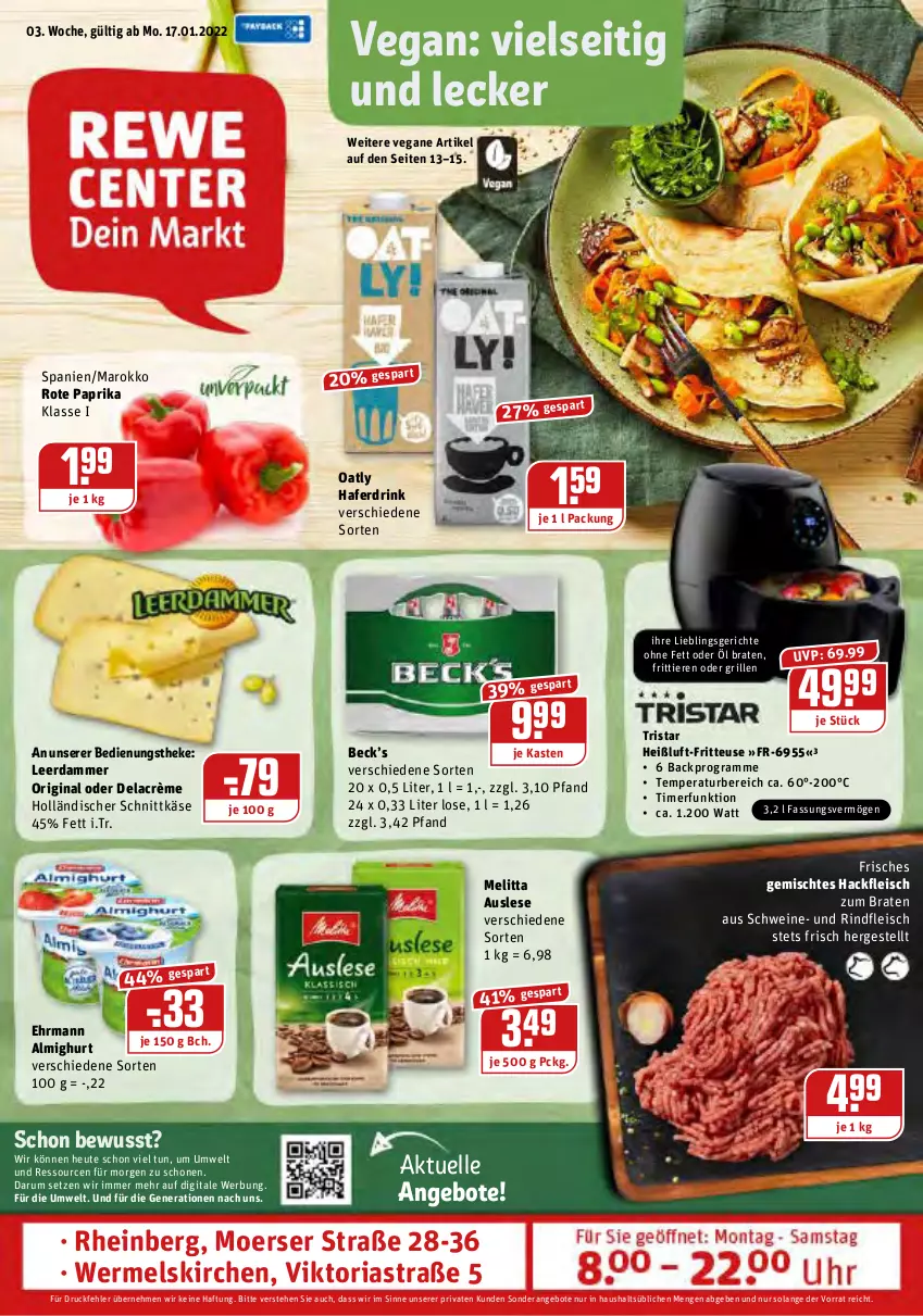 Aktueller Prospekt Rewe - Prospekte - von 17.01 bis 23.01.2022 - strona 1 - produkty: almighur, almighurt, angebot, angebote, Astra, braten, drink, ehrmann, eis, elle, fleisch, fritteuse, gin, grill, hackfleisch, hafer, Haferdrink, Heu, holländischer schnittkäse, Käse, leerdammer, melitta, paprika, Ria, rind, rindfleisch, rum, schnittkäse, schwein, schweine, Ti, Tiere, timer, tristar, wein, weine