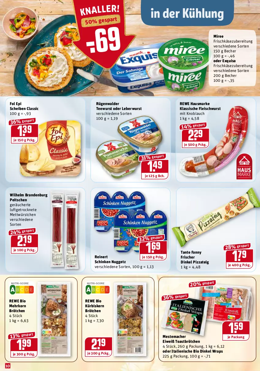 Aktueller Prospekt Rewe - Prospekte - von 17.01 bis 23.01.2022 - strona 10 - produkty: Becher, bio, brötchen, eis, exquisa, exquisa frischkäse, fleisch, fleischwurst, fol epi, frischkäse, frischkäsezubereitung, hausmarke, Käse, knoblauch, korn, Kürbis, leberwurst, mac, Mehrkorn Brötchen, mestemacher, Mett, miree, mit knoblauch, pizza, Pizzateig, reinert, rewe bio, rewe hausmarke, rügenwalder, schinken, tante fanny, tee, teewurst, toast, wrap, wraps, wurst, würstchen