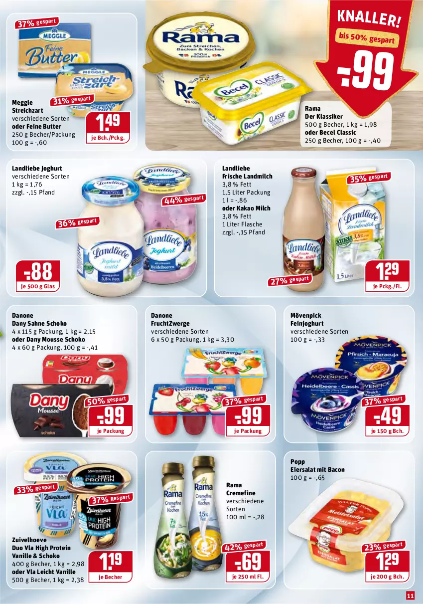 Aktueller Prospekt Rewe - Prospekte - von 17.01 bis 23.01.2022 - strona 11 - produkty: bacon, becel, Becher, butter, creme, danone, danone fruchtzwerge, Dany, dany sahne, eier, eiersalat, feinjoghurt, flasche, frucht, fruchtzwerge, joghur, joghurt, kakao, landliebe, landliebe joghurt, landmilch, meggle, milch, mousse, mövenpick, Popp, rama, rama cremefine, sahne, salat, schoko, Streichzart, vanille