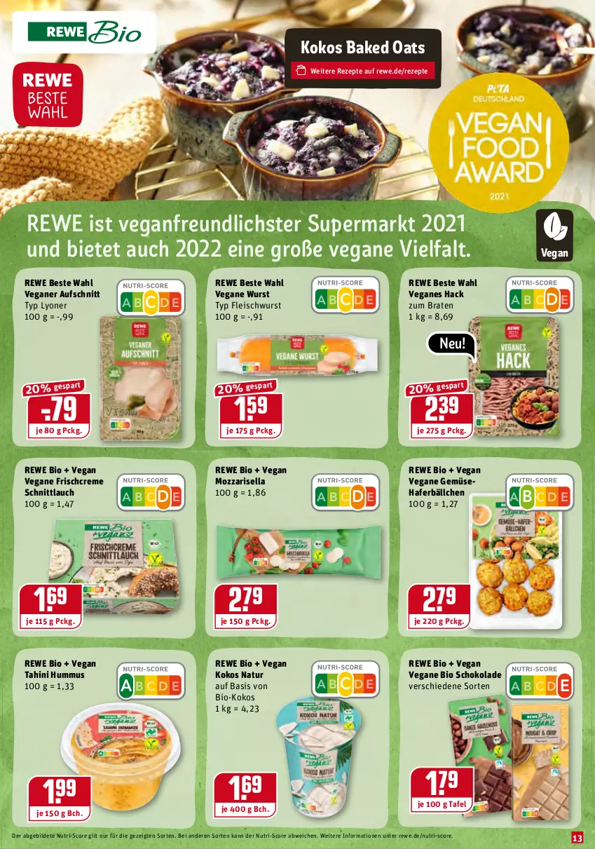 Aktueller Prospekt Rewe - Prospekte - von 17.01 bis 23.01.2022 - strona 13 - produkty: aufschnitt, bio, braten, creme, eis, fleisch, fleischwurst, hafer, hummus, kokos, lyoner, natur, rewe beste wahl, rewe bio, rezept, rezepte, schnittlauch, schoko, schokolade, Ti, wurst, Yo