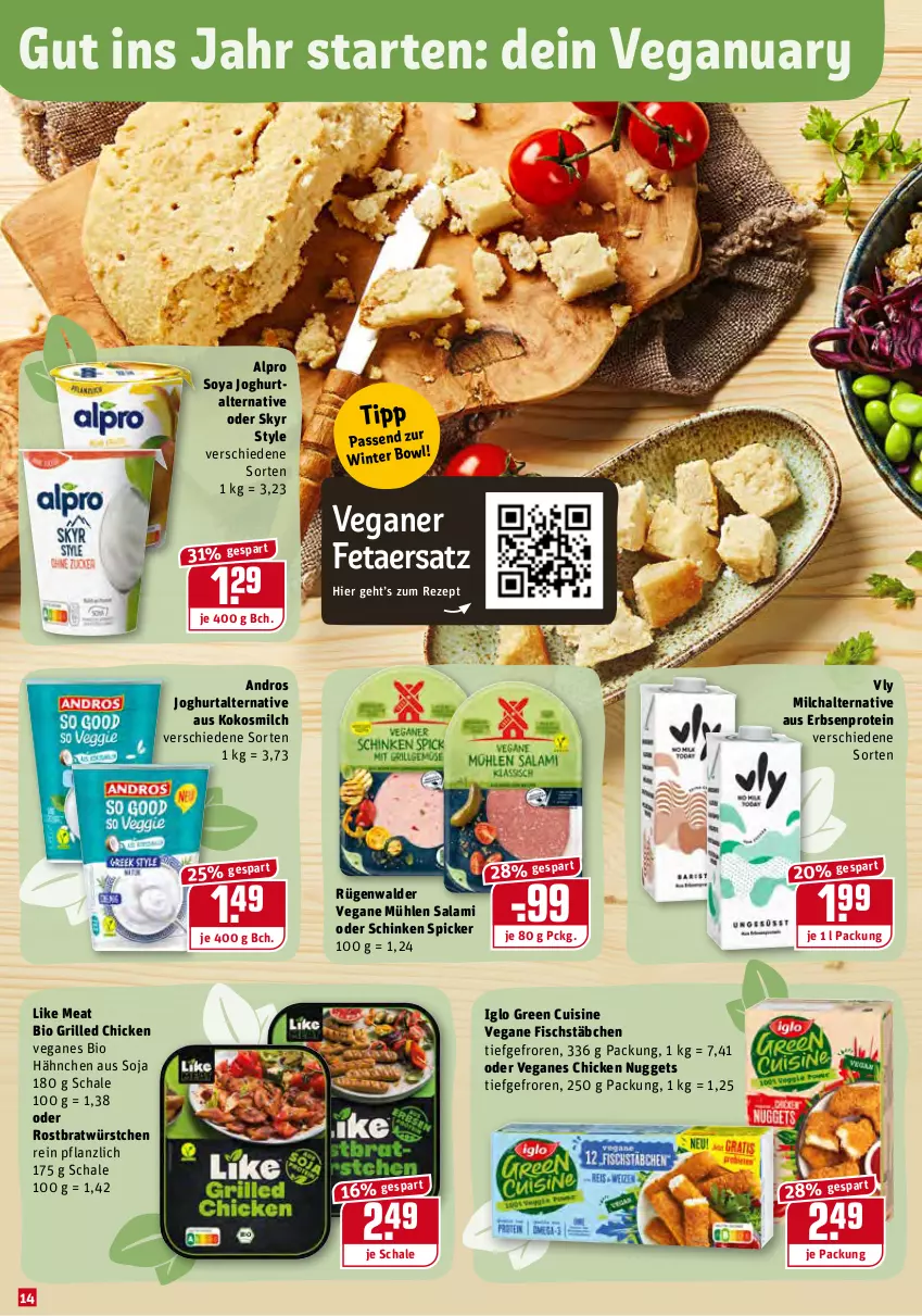 Aktueller Prospekt Rewe - Prospekte - von 17.01 bis 23.01.2022 - strona 14 - produkty: alpro, bio, chicken nuggets, erbsen, feta, fisch, fischstäbchen, grill, iglo, joghur, joghurt, kokos, kokosmilch, Like Meat, milch, nuggets, rezept, rügenwalder, salami, Schal, Schale, schinken, schinken spicker, Skyr, soja, soya, Ti, würstchen