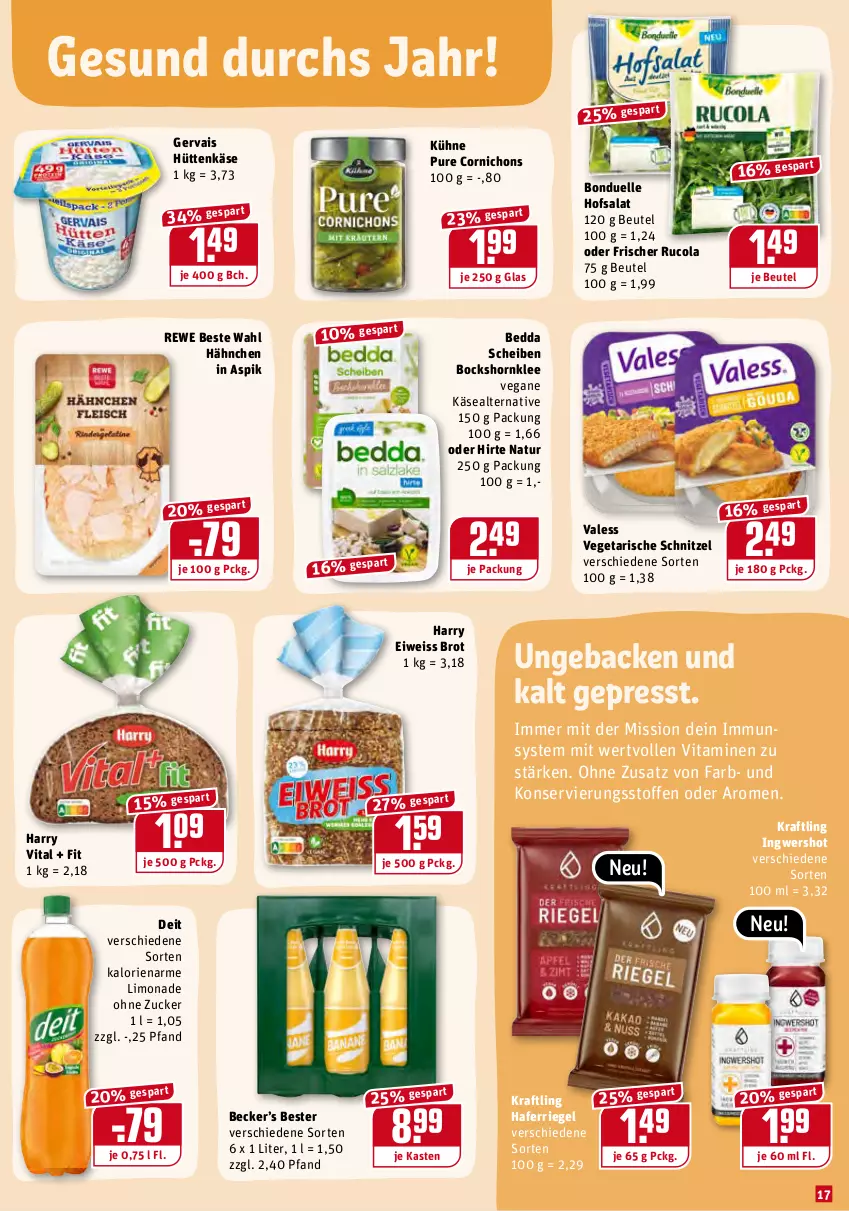 Aktueller Prospekt Rewe - Prospekte - von 17.01 bis 23.01.2022 - strona 17 - produkty: beutel, bonduelle, brot, cola, deit, eis, elle, geback, gervais, hafer, ingwer, Käse, kraft, Kühne, limo, limonade, natur, rewe beste wahl, riegel, rucola, salat, schnitzel, Ti, Vegeta, vita, Vitamine, zucker