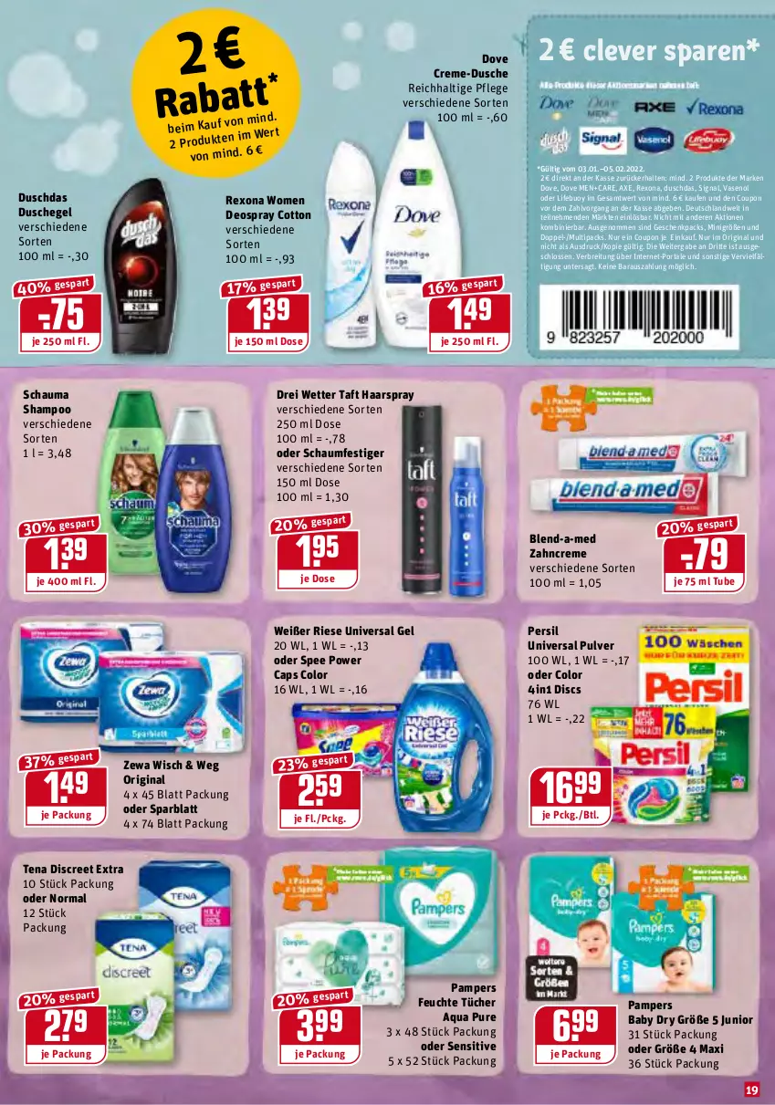 Aktueller Prospekt Rewe - Prospekte - von 17.01 bis 23.01.2022 - strona 19 - produkty: aqua, axe, blend-a-med, Brei, Cap, coupon, creme, deo, deospray, Discreet, dove, drei wetter taft, duschdas, dusche, feuchte tücher, gin, haarspray, oder schaumfestiger, pampers, pampers baby dry, persil, rexona, schauma, schauma shampoo, schaumfestiger, shampoo, Signal, spee, Taft, Ti, tücher, universal gel, universal pulver, Vase, zahncreme, zewa