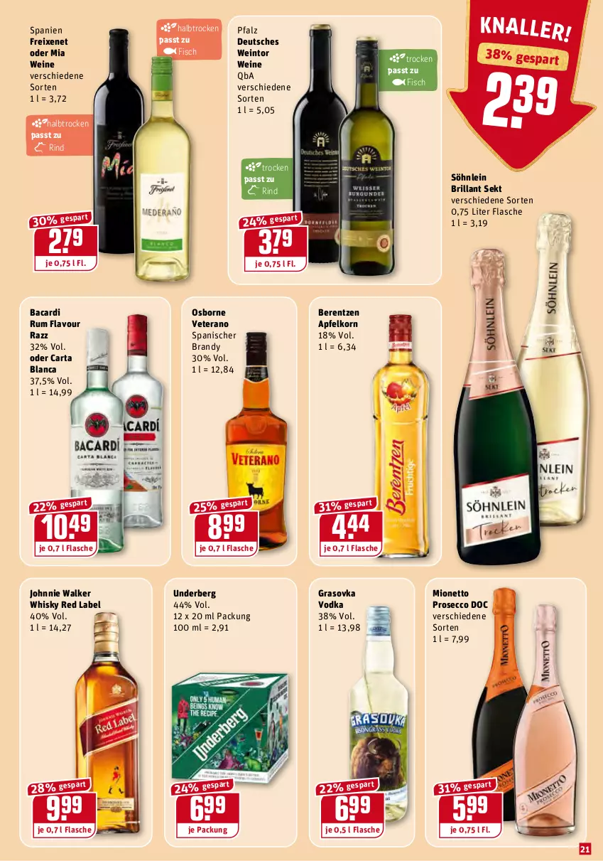 Aktueller Prospekt Rewe - Prospekte - von 17.01 bis 23.01.2022 - strona 21 - produkty: apfel, bacardi, bacardi rum, berentzen, brillant sekt, ecco, fisch, flasche, freixenet, johnnie walker, korn, mionetto, osborne, prosecco, rind, rum, sekt, söhnlein, söhnlein brillant, underberg, veterano, vodka, wein, weine, whisky