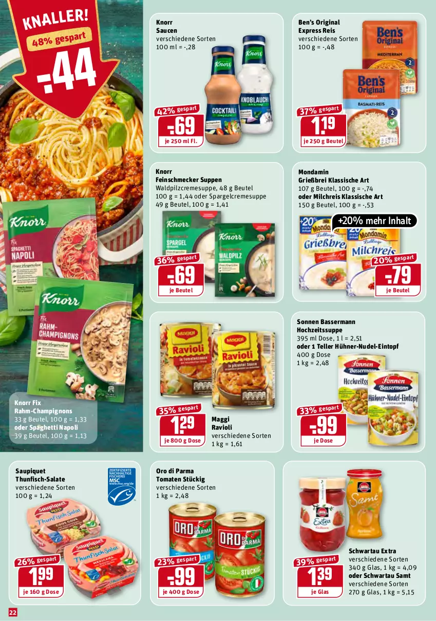 Aktueller Prospekt Rewe - Prospekte - von 17.01 bis 23.01.2022 - strona 22 - produkty: Ben’s Original, beutel, Brei, champignon, champignons, creme, cremesuppe, eintopf, eis, elle, feinschmecker, fisch, gin, hühner, knorr, knorr fix, maggi, milch, milchreis, mondamin, nudel, oro di parma, ravioli, reis, salat, salate, sauce, saucen, saupiquet, Schwartau, spaghetti, spargel, suppe, suppen, teller, thunfisch, Ti, tomate, tomaten, topf