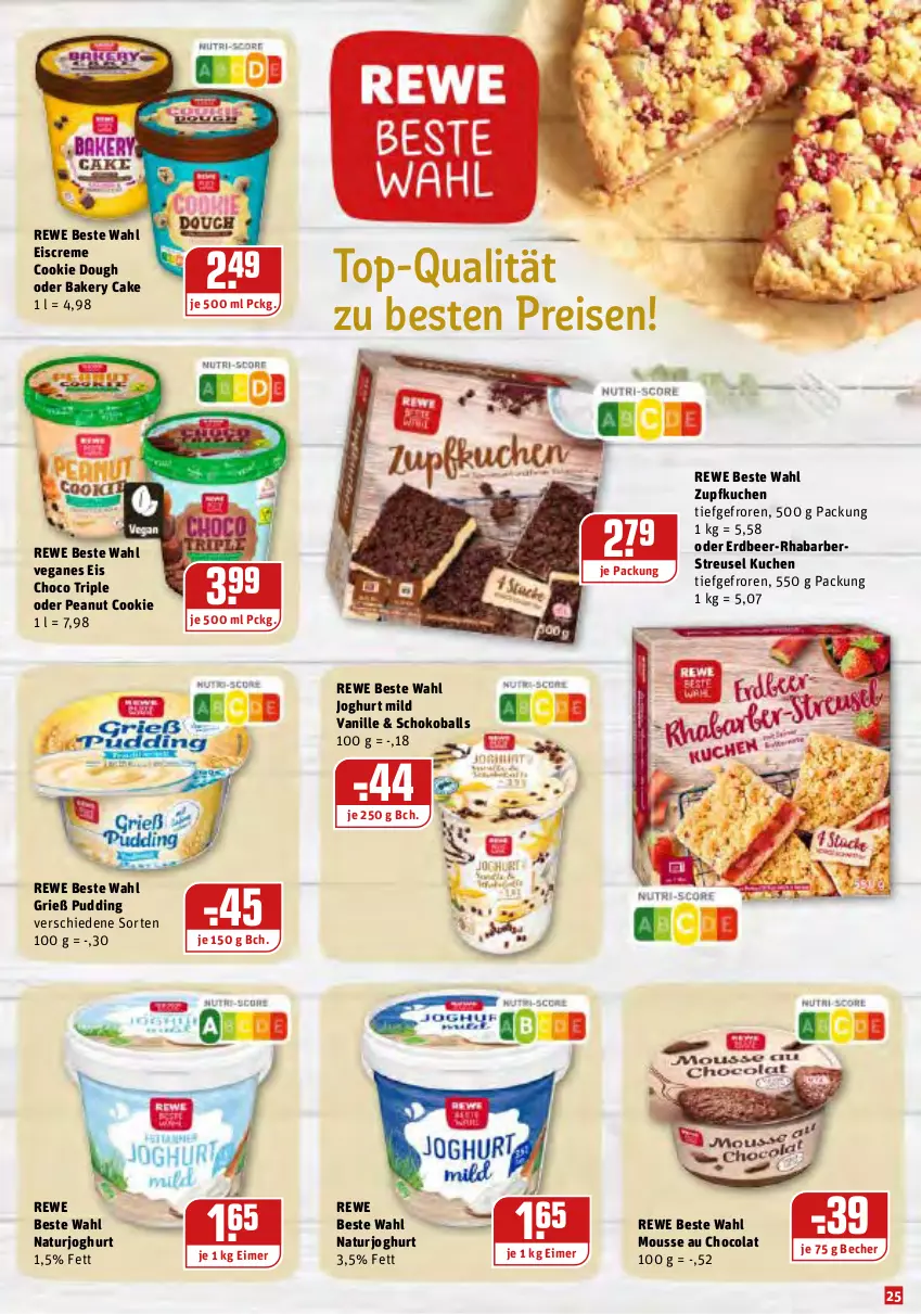 Aktueller Prospekt Rewe - Prospekte - von 17.01 bis 23.01.2022 - strona 25 - produkty: ball, Becher, cola, cookie, cookie dough, creme, eimer, eis, eiscreme, joghur, joghurt, joghurt mild, kuchen, mousse, Mousse au Chocolat, natur, naturjoghurt, pudding, reis, rewe beste wahl, rhabarber, schoko, Ti, vanille, Veganes Eis