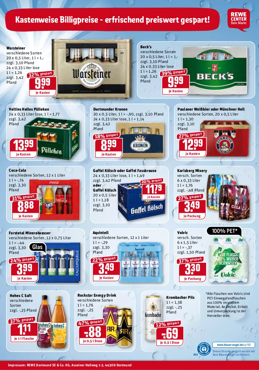 Aktueller Prospekt Rewe - Prospekte - von 17.01 bis 23.01.2022 - strona 32 - produkty: Alwa, bier, brause, coca-cola, cola, decke, Deckel, drink, drucker, eis, elle, energy drink, Engel, fassbrause, flasche, Forstetal, Hohes C, Intel, karlsberg, karlsberg mixery, kerze, krombache, krombacher, krombacher pils, krone, mineralwasser, Mixer, mixery, Paula, paulaner, pils, reis, Ria, Rockstar, saft, steiner, teller, Ti, veltins, volvic, warsteiner, wasser