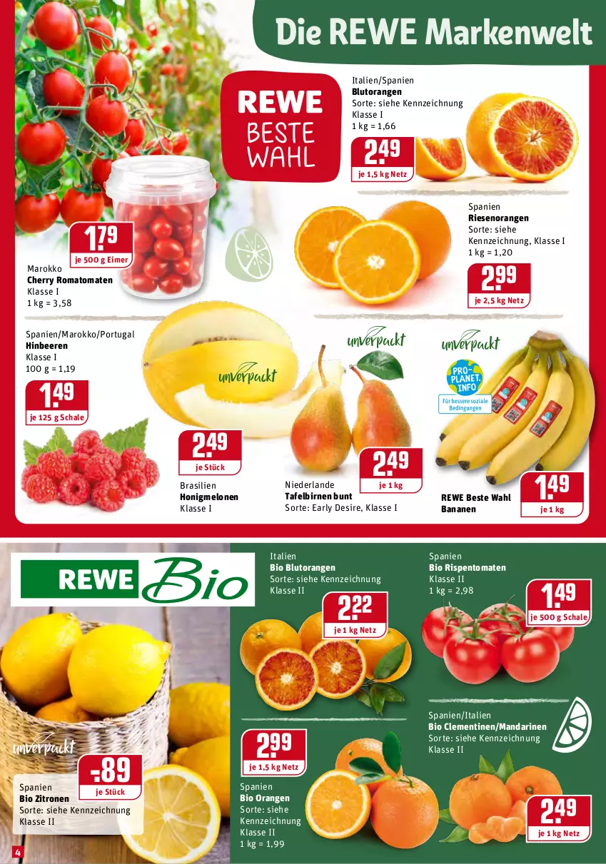 Aktueller Prospekt Rewe - Prospekte - von 17.01 bis 23.01.2022 - strona 4 - produkty: banane, bananen, beere, beeren, bio, Birnen, Blutorange, clementinen, eimer, honig, honigmelone, honigmelonen, mandarine, mandarinen, melone, melonen, orange, orangen, rewe beste wahl, rispentomaten, Romatomaten, Schal, Schale, tafelbirnen, Ti, tomate, tomaten, zitrone, zitronen