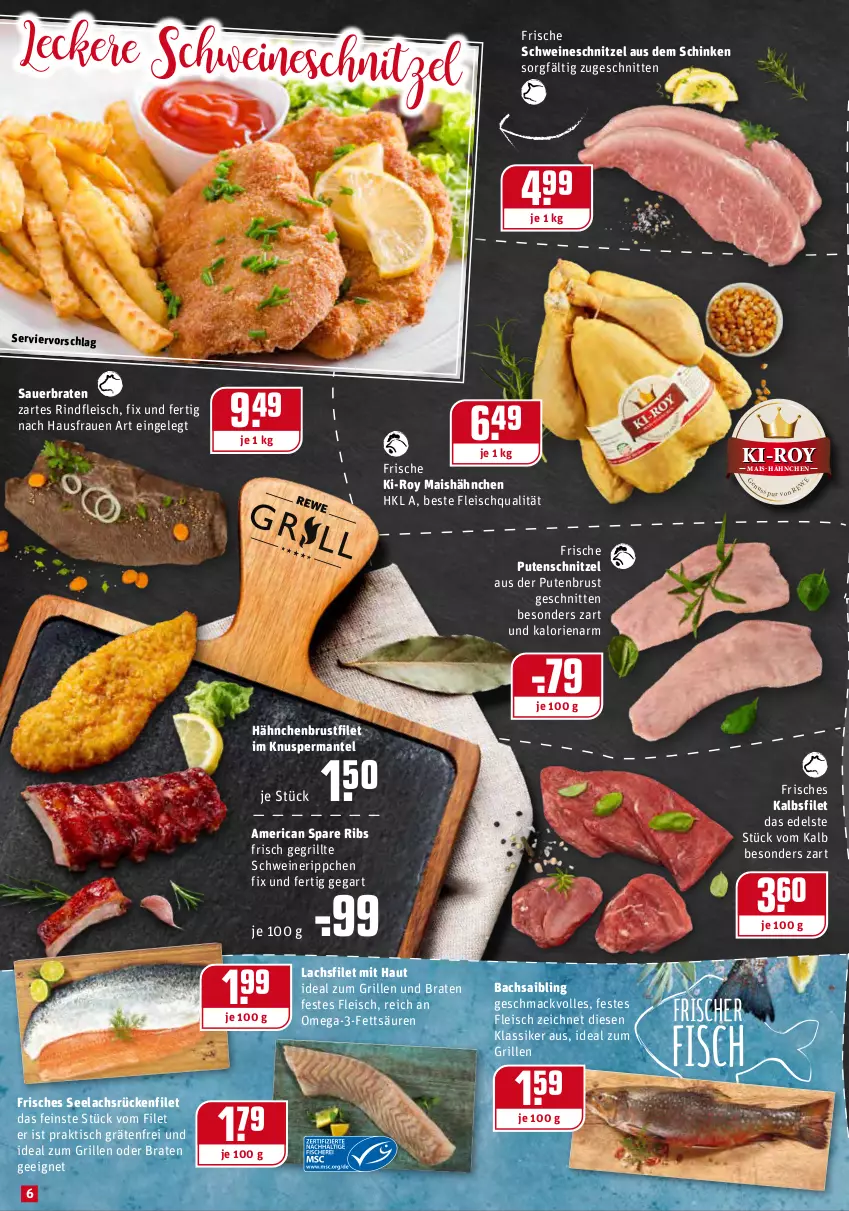 Aktueller Prospekt Rewe - Prospekte - von 17.01 bis 23.01.2022 - strona 6 - produkty: auer, braten, brustfilet, bsf, eis, filet, fisch, fleisch, grill, hähnchenbrust, hähnchenbrustfilet, ideal zum grillen, lachs, lachsfilet, mac, mais, Mantel, omega, Omega-3, pute, putenbrust, putenschnitzel, rind, rindfleisch, Saibling, schinken, schnitten, schnitzel, schwein, schweine, schweineschnitzel, spare ribs, Ti, tisch, wein, weine