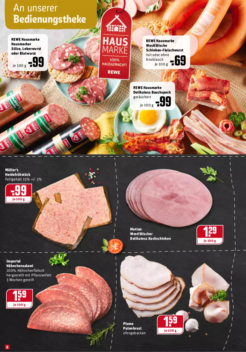 Aktueller Prospekt Rewe - Prospekte - von 17.01 bis 23.01.2022 - strona 8 - produkty: Bau, eis, fleisch, fleischwurst, geback, Hähnchenfleisch, Hausmacher, hausmarke, heidefrühstück, knoblauch, kochschinken, leberwurst, mac, Mett, metten, mit oder ohne knoblauch, Müller, Ofen, pflanze, pflanzen, Pflanzenfett, pute, putenbrust, rewe hausmarke, Ria, salami, schinken, Speck, wurst