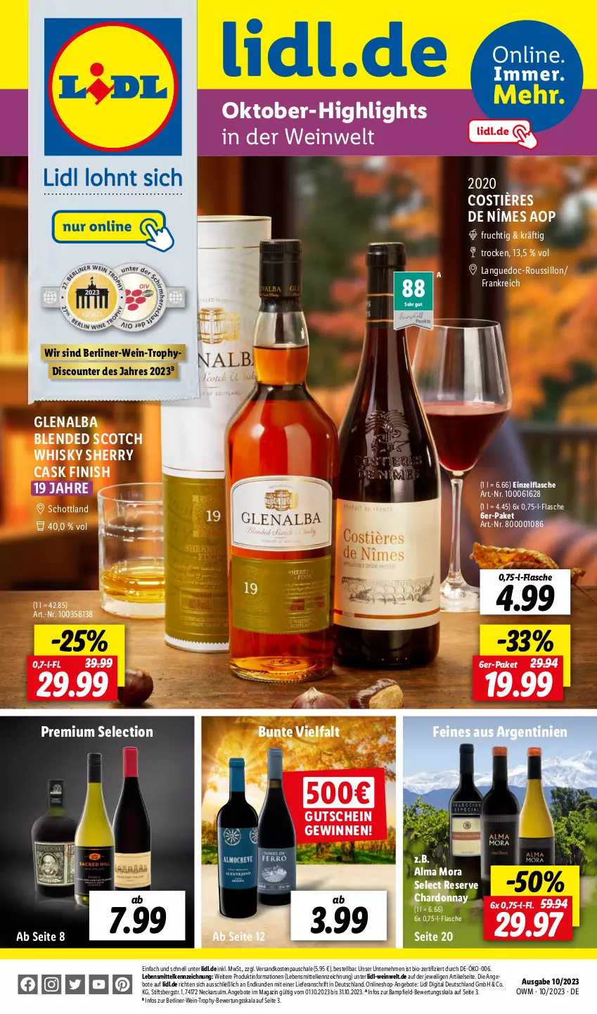 Aktueller Prospekt Lidl - Highlights in der Weinwelt - von 01.10 bis 31.10.2023 - strona 1 - produkty: angebot, angebote, berliner, bio, blended scotch, blended scotch whisky, chardonnay, discount, Finish, flasche, frucht, gutschein, lebensmittel, magazin, ndk, Schal, Schale, schott, scotch, scotch whisky, Ti, wein, whisky