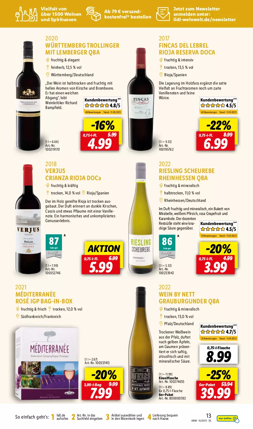 Aktueller Prospekt Lidl - Highlights in der Weinwelt - von 01.10 bis 31.10.2023 - strona 13 - produkty: bag-in-box, Bau, beere, Berger, brombeere, burgunder, cassis, elle, ente, flasche, frucht, grapefruit, grauburgunder, Heu, Holz, kirsch, kirsche, kirschen, korb, ndk, nuss, pfirsich, pflaume, rel, Ria, riesling, rioja, saft, spirituosen, Ti, trolli, trollinger, vanille, versandkostenfrei, wein, weine, Weißwein