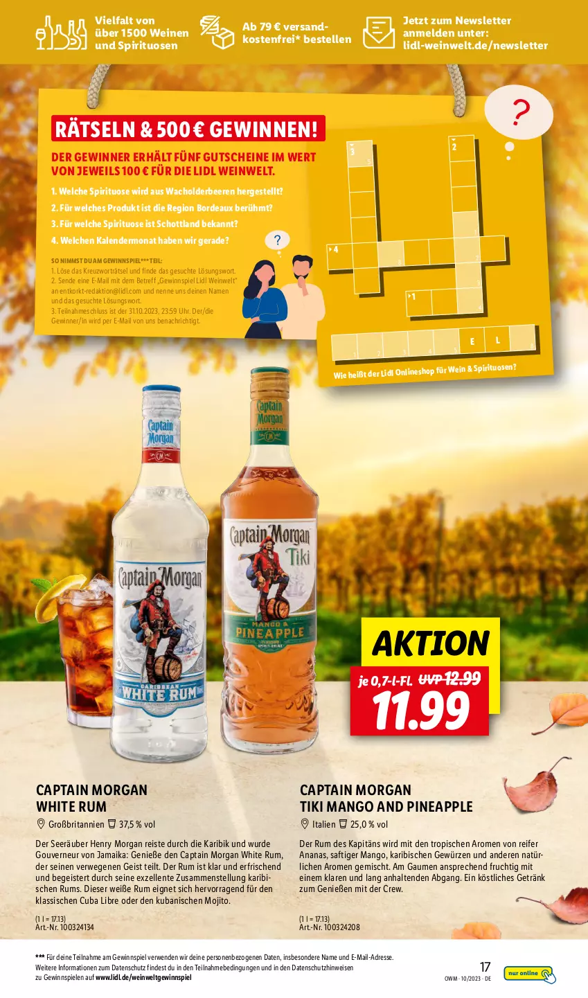 Aktueller Prospekt Lidl - Highlights in der Weinwelt - von 01.10 bis 31.10.2023 - strona 17 - produkty: ananas, Apple, beere, beeren, brita, Cap, captain morgan, eis, elle, ente, frucht, getränk, gewinnspiel, gewürz, gsw, gutschein, gutscheine, mango, mojito, ndk, reis, rum, rwe, saft, schott, Spiele, spirituosen, Ti, uhr, versandkostenfrei, wein, weine, white rum