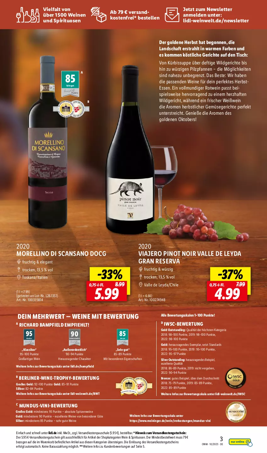 Aktueller Prospekt Lidl - Highlights in der Weinwelt - von 01.10 bis 31.10.2023 - strona 3 - produkty: auto, berliner, eis, elle, ente, frucht, gutschein, korb, Kürbis, LG, Morelli, ndk, pfanne, pfannen, Pinot, pinot noir, rel, rotwein, rwe, Schal, Schale, spirituosen, suppe, Ti, tisch, versandkostenfrei, wein, weine, Weißwein, Wild