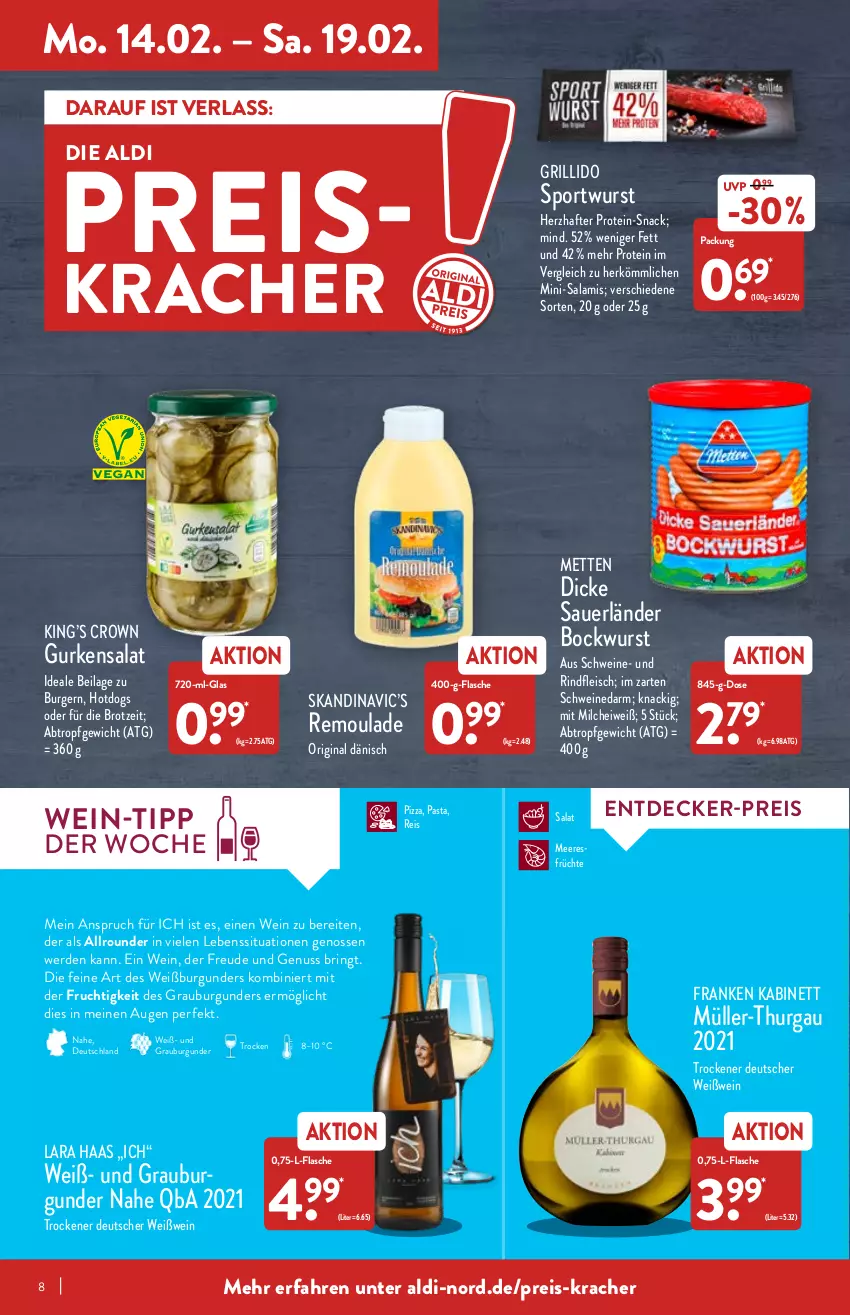 Aktueller Prospekt Aldi Nord - Aldi-Vorschau - von 14.02 bis 19.02.2022 - strona 8 - produkty: aldi, auer, bockwurst, brot, burger, burgunder, decke, Dicke Sauerländer Bockwurst, eis, erde, flasche, fleisch, frucht, früchte, gin, grauburgunder, grill, gurke, gurken, gurkensalat, ilag, kabinett, kracher, meeresfrüchte, Mett, metten, milch, Mini-Salami, Müller, Müller-Thurgau, nuss, pasta, pizza, reis, remoulade, rind, rindfleisch, ring, salami, salat, schwein, schweine, snack, Sport, Ti, wein, weine, Weißburgunder, Weißwein, wurst