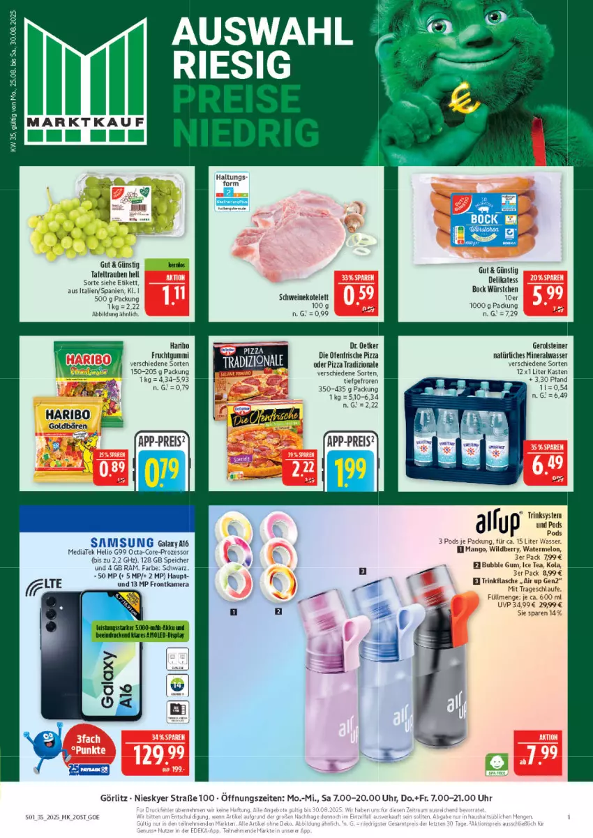 Aktueller Prospekt Marktkauf - Prospekt - von 24.08 bis 30.08.2025 - strona 1 - produkty: Alwa, die ofenfrische, Dr. Oetker, flasche, frontkamera, frucht, fruchtgummi, gerolsteine, gerolsteiner, haribo, kamera, kotelett, mango, mineralwasser, natürliches mineralwasser, Ofen, pizza, Pods, schwein, schweine, schweinekotelett, steiner, tafeltrauben, Ti, tradizionale, trauben, trinkflasche, uhr, wasser, wein, weine, Wild, würstchen
