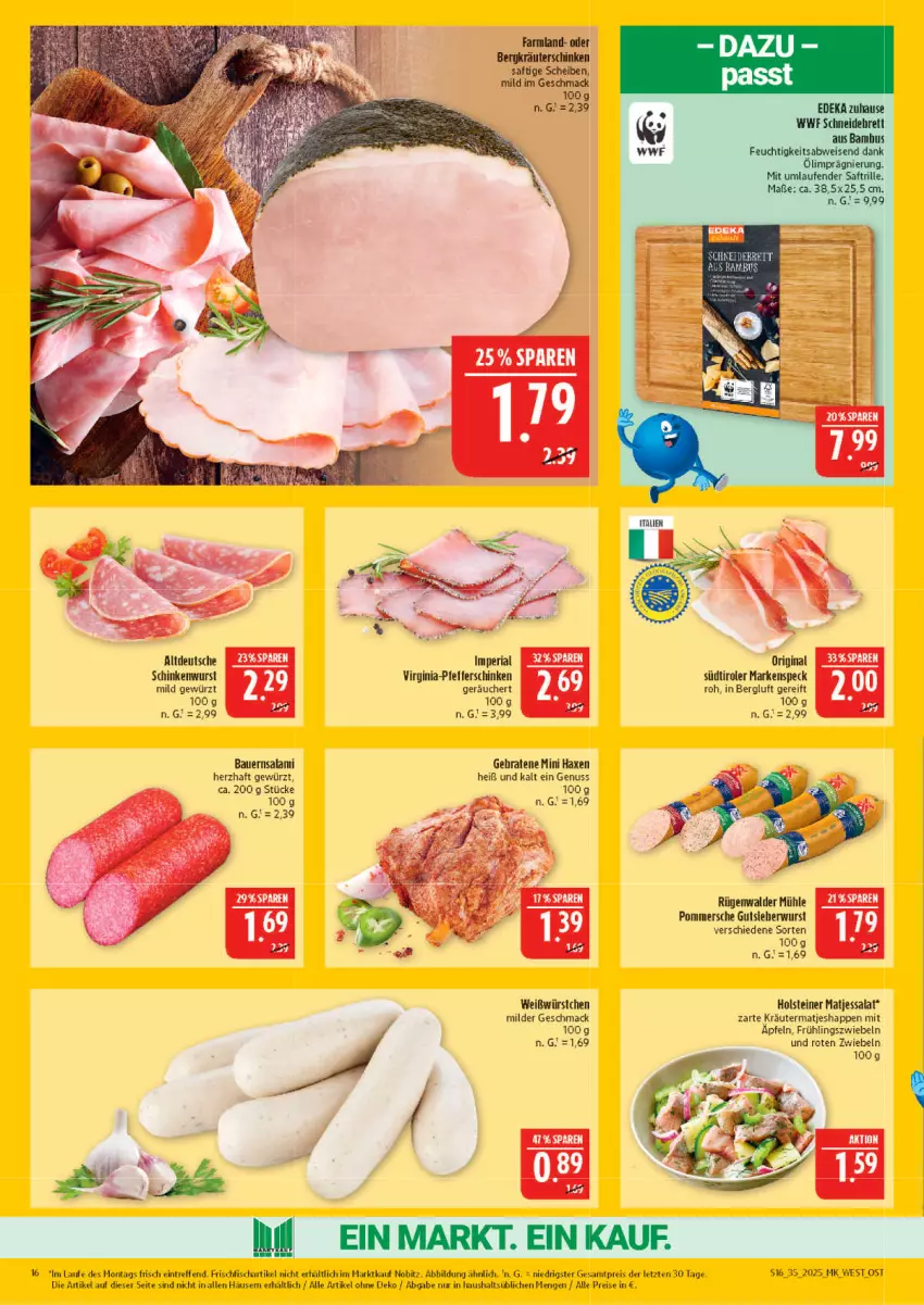 Aktueller Prospekt Marktkauf - Prospekt - von 24.08 bis 30.08.2025 - strona 16 - produkty: auer, axe, bambus, Bau, Bauer, deka, eis, fisch, frischfisch, gewürz, gin, Haxe, holsteiner, kräuter, Laufen, mac, matjes, nuss, pfeffer, Pommersche, reis, Ria, rügenwalder, rügenwalder mühle, saft, salami, salat, schinken, schinkenwurst, schneidebrett, Speck, steiner, südtiroler, Ti, wurst, würstchen, Yo, ZTE, zwiebel, zwiebeln