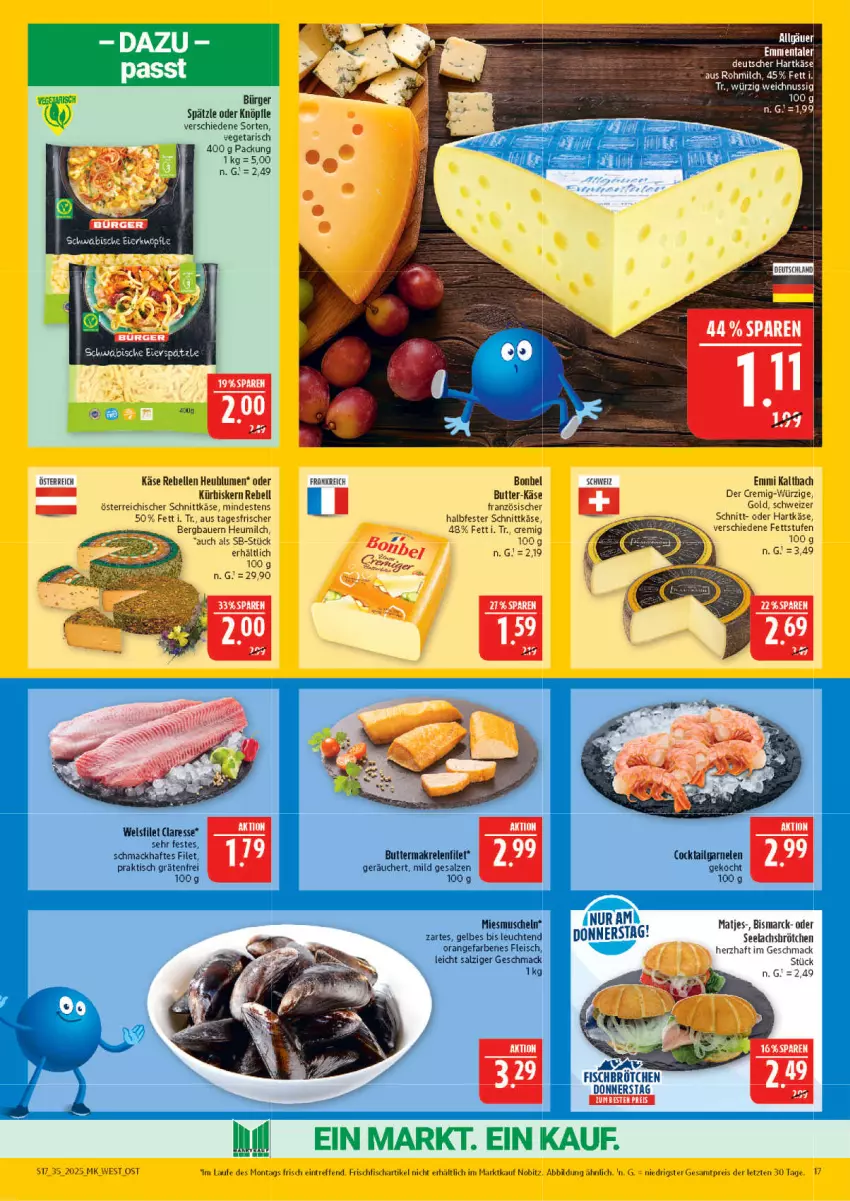 Aktueller Prospekt Marktkauf - Prospekt - von 24.08 bis 30.08.2025 - strona 17 - produkty: auer, Bau, Bauer, bismarck, brötchen, butter, cocktail, eis, elle, emmentaler, emmi, filet, fisch, fleisch, frischfisch, garnelen, halbfester schnittkäse, hartkäse, Heu, heumilch, Käse, lachs, Leuchte, leuchten, LG, mac, Makrele, matjes, milch, Muscheln, orange, österreichischer schnittkäse, rebell, reis, rel, salz, schnittkäse, Ti, tisch, Vegeta, Wels, ZTE
