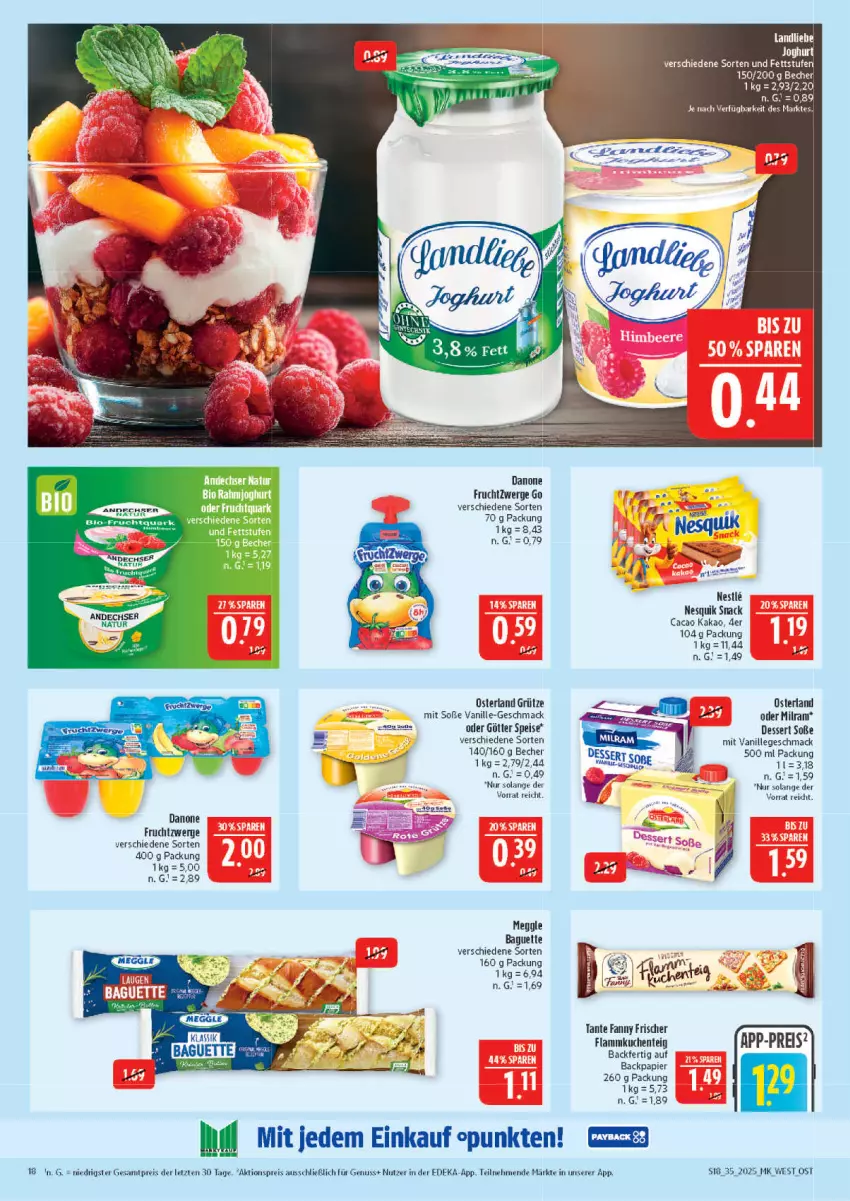 Aktueller Prospekt Marktkauf - Prospekt - von 24.08 bis 30.08.2025 - strona 18 - produkty: aktionspreis, andechser natur, baguette, Becher, bio, danone, deka, dessert, eis, ente, flammkuchen, Flammkuchenteig, frucht, fruchtzwerge, grütze, kakao, kuchen, lamm, landliebe, mac, meggle, natur, nesquik, nuss, papier, reis, snack, Soße, tante fanny, Ti, vanille, ZTE