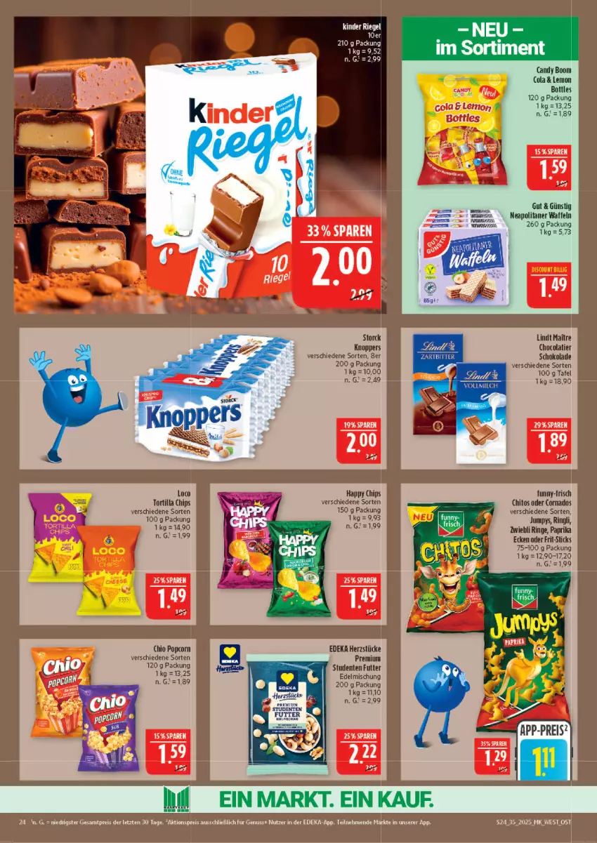 Aktueller Prospekt Marktkauf - Prospekt - von 24.08 bis 30.08.2025 - strona 24 - produkty: aktionspreis, chips, cola, deka, eis, ente, Frit-Sticks, funny-frisch, knoppers, lindt, nuss, paprika, popcorn, reis, ring, schoko, schokolade, storck, Ti, tortilla, Tortilla Chips, waffeln, ZTE