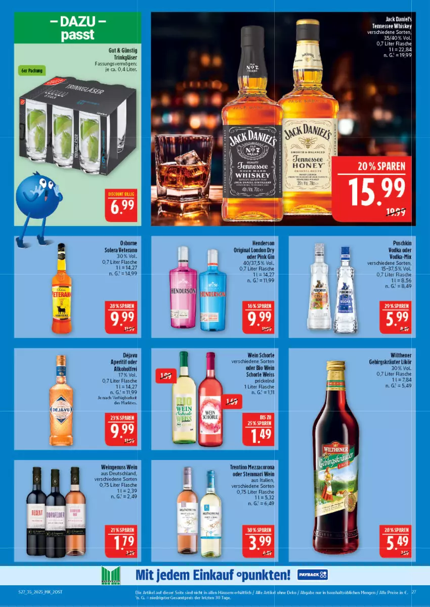 Aktueller Prospekt Marktkauf - Prospekt - von 24.08 bis 30.08.2025 - strona 27 - produkty: alkohol, aperitif, bio, corona, discount, eis, enders, flasche, gin, Gläser, kräuter, likör, london dry, mezzacorona, nuss, osborne, schorle, tennessee whiskey, Ti, vodka, wein, whiskey, wilthener