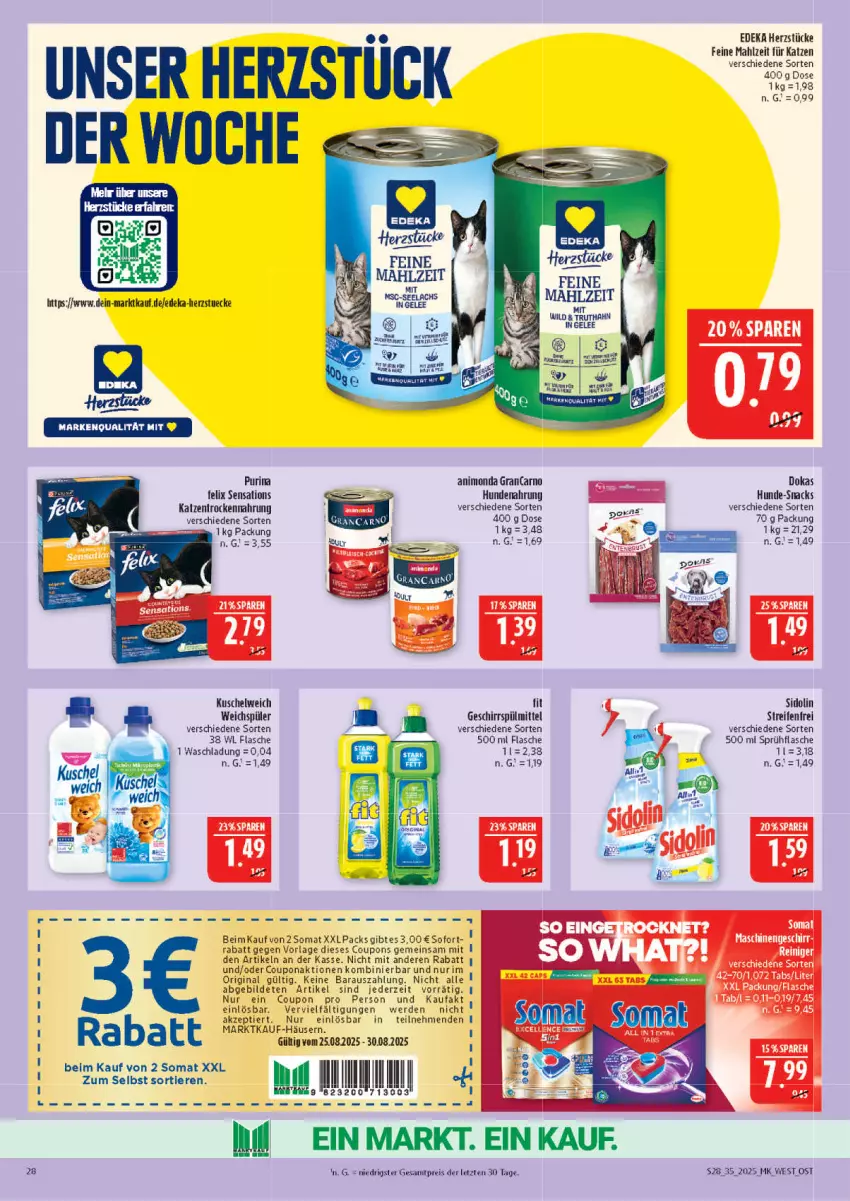 Aktueller Prospekt Marktkauf - Prospekt - von 24.08 bis 30.08.2025 - strona 28 - produkty: coupon, coupons, deka, eis, erde, felix, flasche, gelee, geschirr, geschirrspülmittel, gin, hundenahrung, Kuschelweich, lachs, purina, Rana, reifen, reis, sensations, sidolin, snack, snacks, somat, sprühflasche, spülmittel, Ti, Tiere, Trockennahrung, truthahn, weichspüler, ZTE