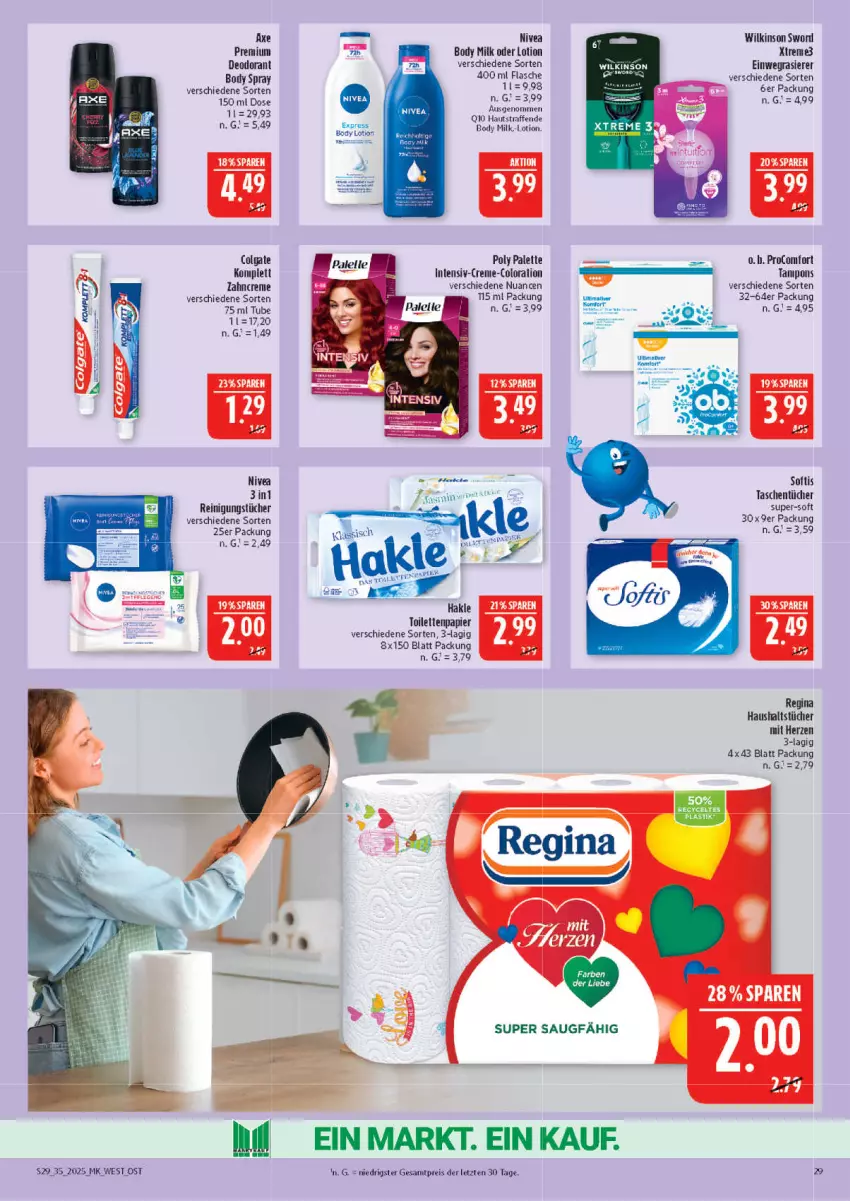 Aktueller Prospekt Marktkauf - Prospekt - von 24.08 bis 30.08.2025 - strona 29 - produkty: asti, axe, body, body milk, colgate, creme, deo, deodorant, einwegrasierer, eis, ente, flasche, gin, haushaltstücher, LG, Lotion, nivea, Nuance, Palette, papier, procomfort, rasierer, Reinigung, reinigungstücher, reis, Tampon, tampons, Tasche, taschen, taschentücher, Ti, toilettenpapier, tücher, wilkinson, zahncreme, ZTE