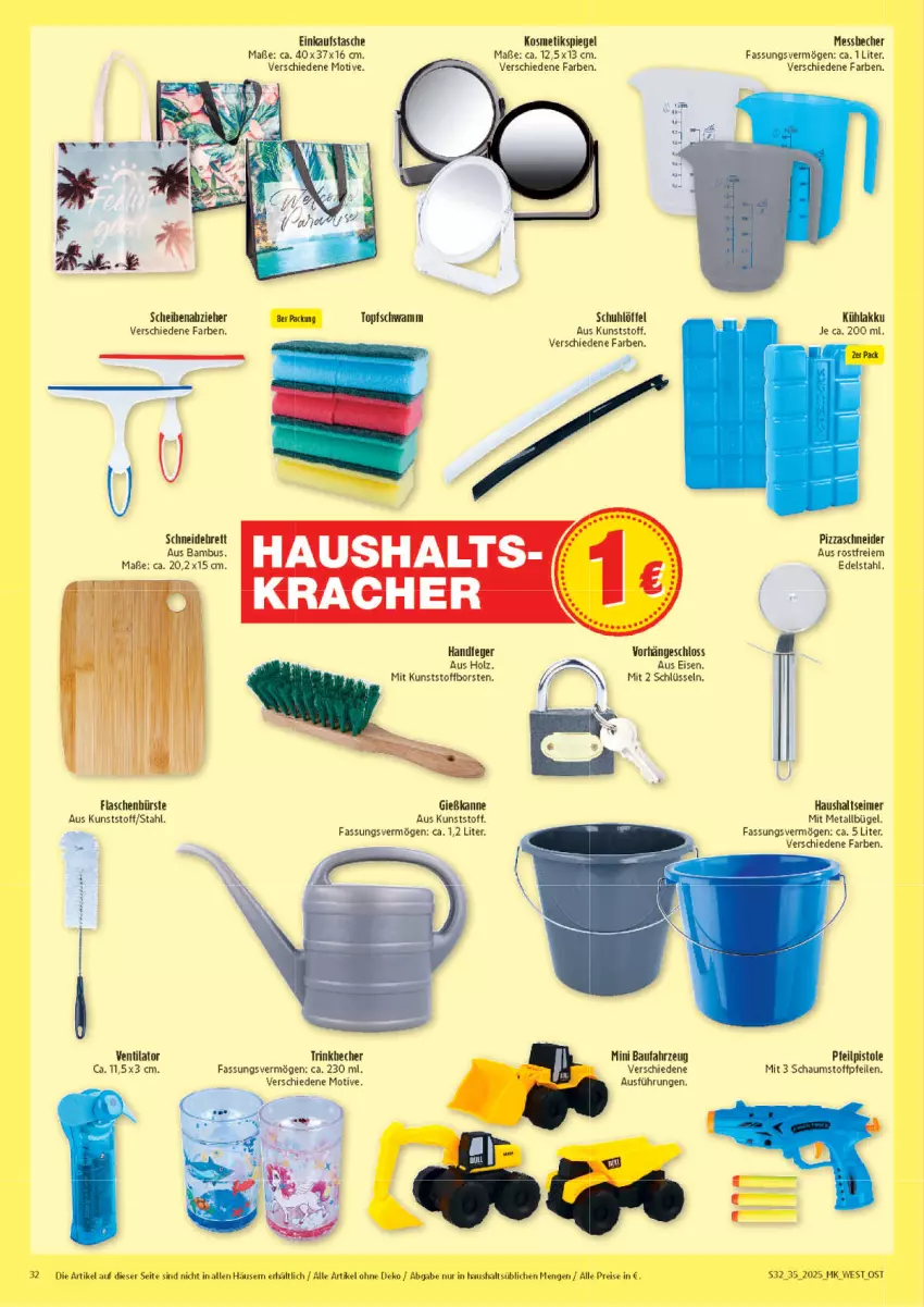 Aktueller Prospekt Marktkauf - Prospekt - von 24.08 bis 30.08.2025 - strona 32 - produkty: akku, bambus, Bau, Becher, Brei, bügel, bürste, eimer, Einkaufstasche, eis, flasche, Gießkanne, Holz, kosmetik, Kosmetikspiegel, kracher, kühlakku, Löffel, reis, spiegel, Tasche, Ti, topf, trinkbecher, ventilator