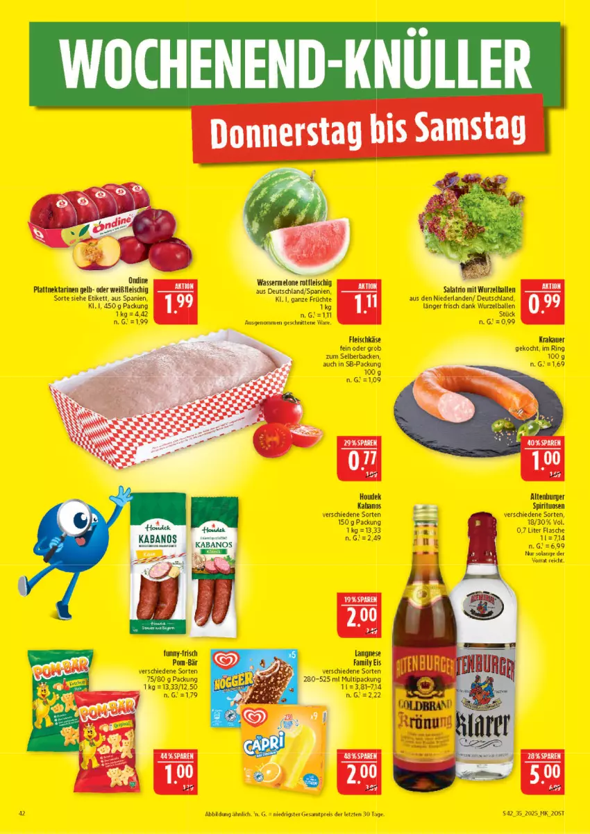 Aktueller Prospekt Marktkauf - Prospekt - von 24.08 bis 30.08.2025 - strona 42 - produkty: altenburger, auer, ball, burger, eis, flasche, fleisch, fleischkäse, früchte, funny-frisch, houdek, kabanos, Käse, krakauer, langnese, pom-bär, reis, ring, salat, schnitten, spirituosen, Ti, ZTE