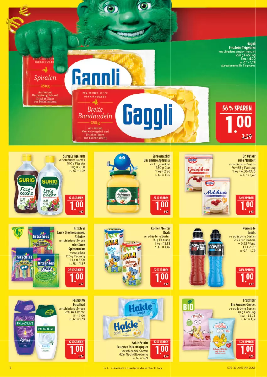 Aktueller Prospekt Marktkauf - Prospekt - von 24.08 bis 30.08.2025 - strona 8 - produkty: apfel, apfelmus, Bad, bio, Dr. Oetker, duschbad, eier, eis, essig, flasche, frucht, hakle, kuchen, Meister, olive, palmolive, papier, reis, snack, snacks, Sport, spreewaldhof, teigwaren, Ti, Vegeta, ZTE, zucker