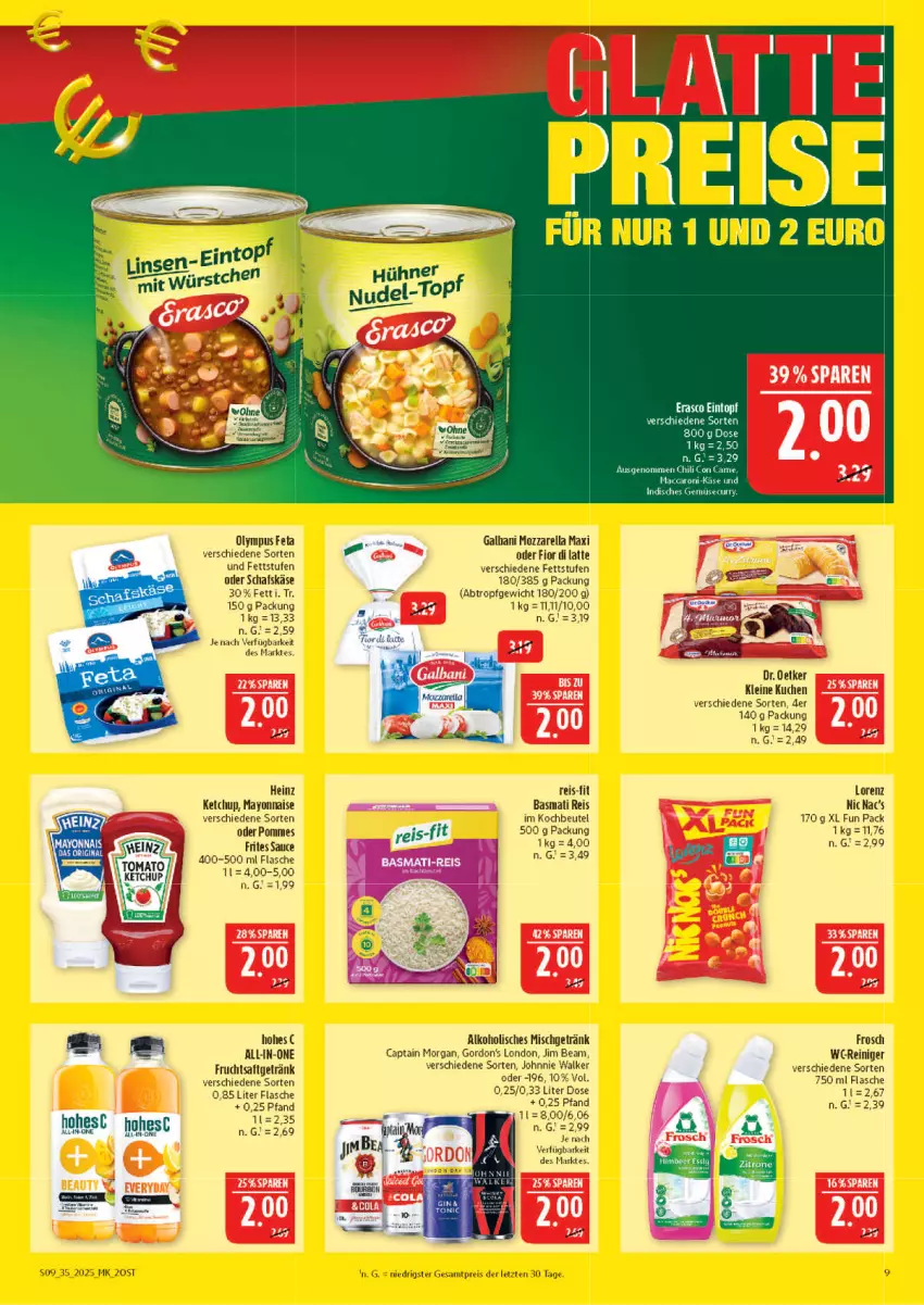 Aktueller Prospekt Marktkauf - Prospekt - von 24.08 bis 30.08.2025 - strona 9 - produkty: alkohol, basmati, Basmati Reis, beutel, Cap, captain morgan, Dr. Oetker, eis, feta, flasche, Frosch, frucht, fruchtsaft, fruchtsaftgetränk, galbani, getränk, gordon, gordon's, heinz, jim beam, johnnie walker, Käse, ketchup, kochbeutel, kuchen, latte, leine, lorenz, mayonnaise, mozzarella, nic nac's, pommes, Pommes Frites, reiniger, reis, rel, saft, sauce, schafskäse, Ti, wc-reiniger, Yo, ZTE
