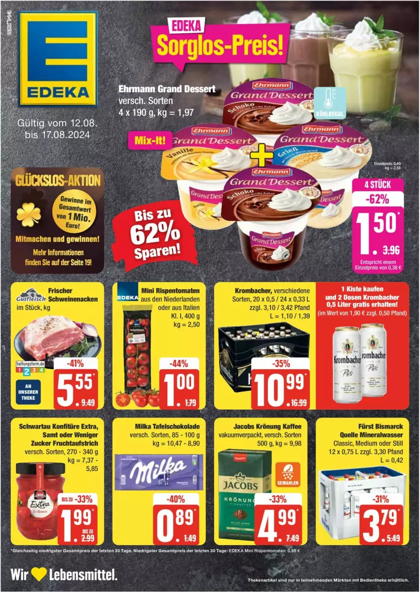 Aktueller Prospekt Edeka - Prospekte - von 12.08 bis 17.08.2024 - strona 1 - produkty: deka, dessert, eis, krombache, krombacher, lebensmittel, reis, rispentomaten, Ti, tomate, tomaten, ZTE