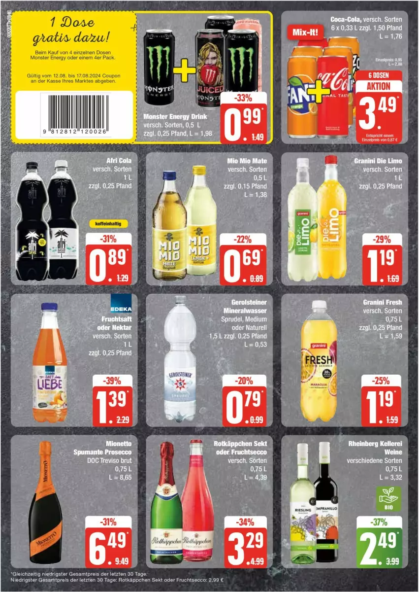 Aktueller Prospekt Edeka - Prospekte - von 12.08 bis 17.08.2024 - strona 16 - produkty: ecco, eis, frucht, fruchtsecco, monster, Monster Energy, reis, rotkäppchen, sekt, Ti, ZTE