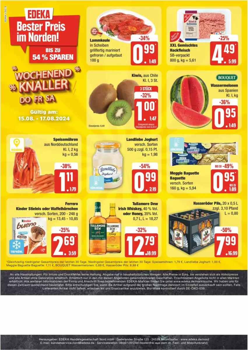 Aktueller Prospekt Edeka - Prospekte - von 12.08 bis 17.08.2024 - strona 20 - produkty: baguette, eis, grill, hasseröder, irish whiskey, joghur, joghurt, kiwi, landliebe, landliebe joghurt, meggle, melone, melonen, möhren, pils, reis, speisemöhren, Ti, tullamore, tullamore dew, wasser, wassermelone, wassermelonen, whiskey, Yo, ZTE