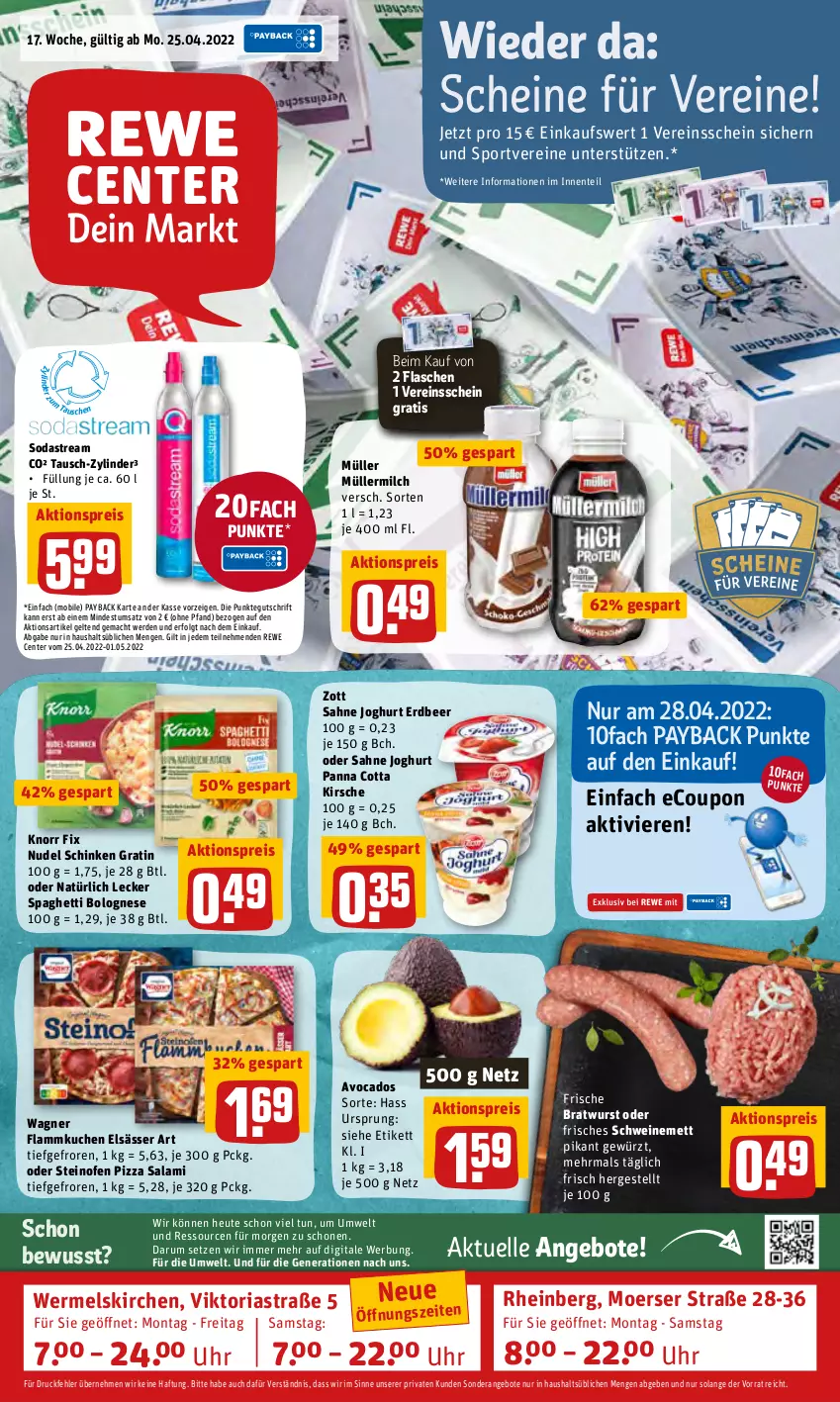 Aktueller Prospekt Rewe - Prospekte - von 25.04 bis 01.05.2022 - strona 1 - produkty: aktionspreis, angebot, angebote, Astra, avocado, avocados, bolognese, bratwurst, coupon, eis, elle, elsässer art, ente, erde, flammkuchen, flasche, gewürz, Heu, joghur, joghurt, kirsch, kirsche, knorr, knorr fix, kuchen, lamm, LG, mac, Mett, milch, Müller, müllermilch, nudel, Ofen, panna cotta, payback, pizza, reis, Ria, rum, sahne, sahne joghurt, salami, schinken, schwein, schweine, schweinemett, Soda, sodastream, spaghetti, spaghetti bolognese, Sport, steinofen, steinofen pizza, Ti, uhr, wagner, wein, weine, wurst, zott