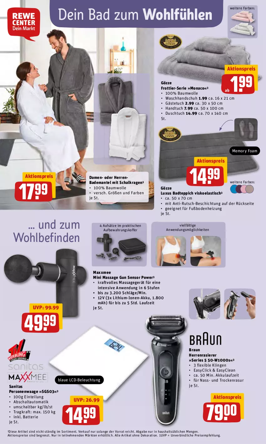 Aktueller Prospekt Rewe - Prospekte - von 25.04 bis 01.05.2022 - strona 24 - produkty: akku, aktionspreis, alle artikel ohne dekoration, asti, aufbewahrungskoffer, auto, Bad, Bademantel, badteppich, batterie, Bau, baumwolle, beleuchtung, braun, dekoration, duschtuch, eis, gästetuch, gözze, handtuch, herrenrasierer, koffer, kraft, Mantel, Massagegerät, Personenwaag, personenwaage, rasierer, reis, Schal, teppich, Ti, tisch, tuc, Waage, waschhandschuh, wolle