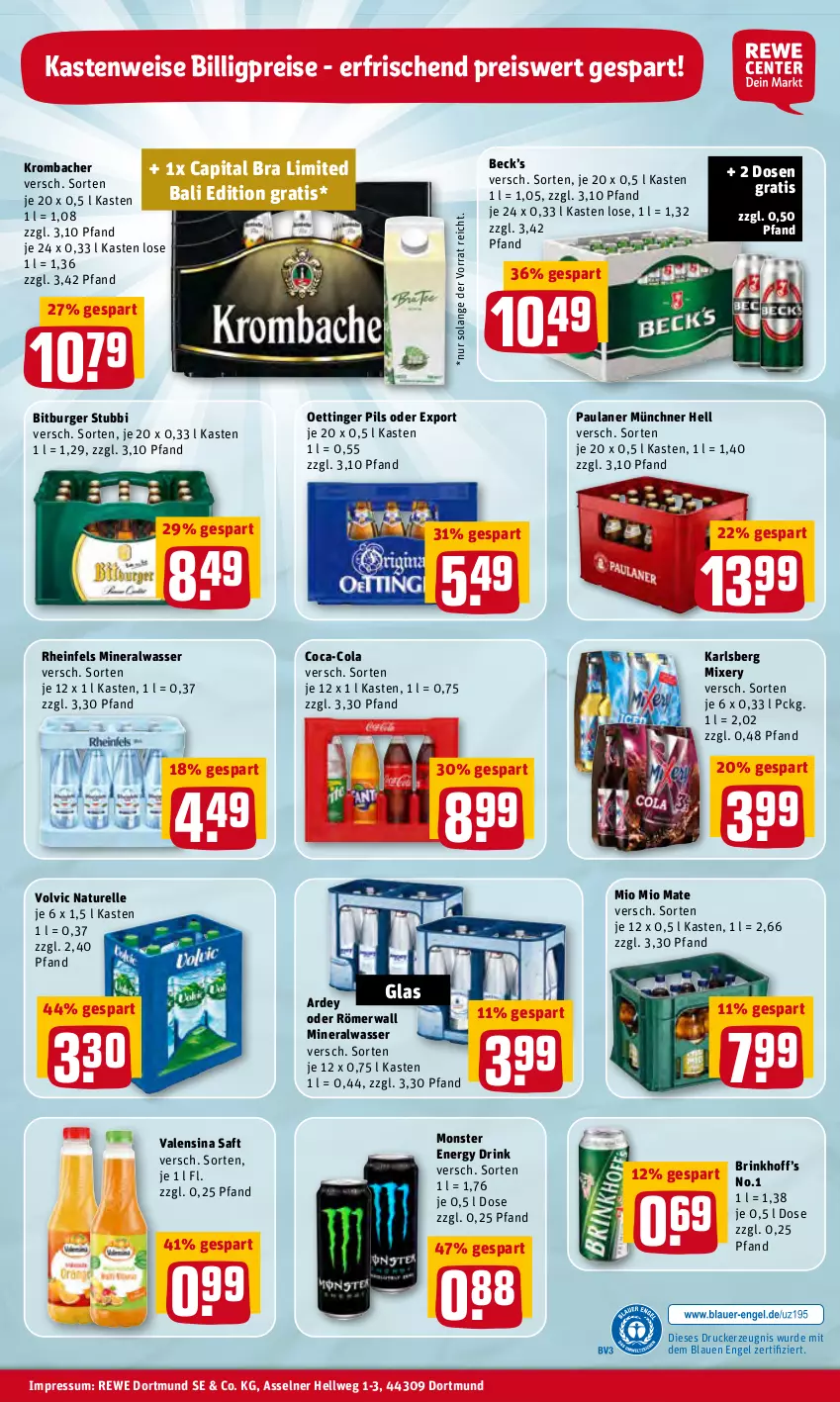 Aktueller Prospekt Rewe - Prospekte - von 25.04 bis 01.05.2022 - strona 28 - produkty: Alwa, bitburger, burger, Cap, coca-cola, cola, drink, drucker, eis, elle, energy drink, Engel, karlsberg, karlsberg mixery, kerze, krombache, krombacher, mineralwasser, Mio Mio, Mixer, mixery, monster, Monster Energy, natur, oettinger, Paula, paulaner, pils, reis, rel, saft, Ti, valensina, volvic, wasser