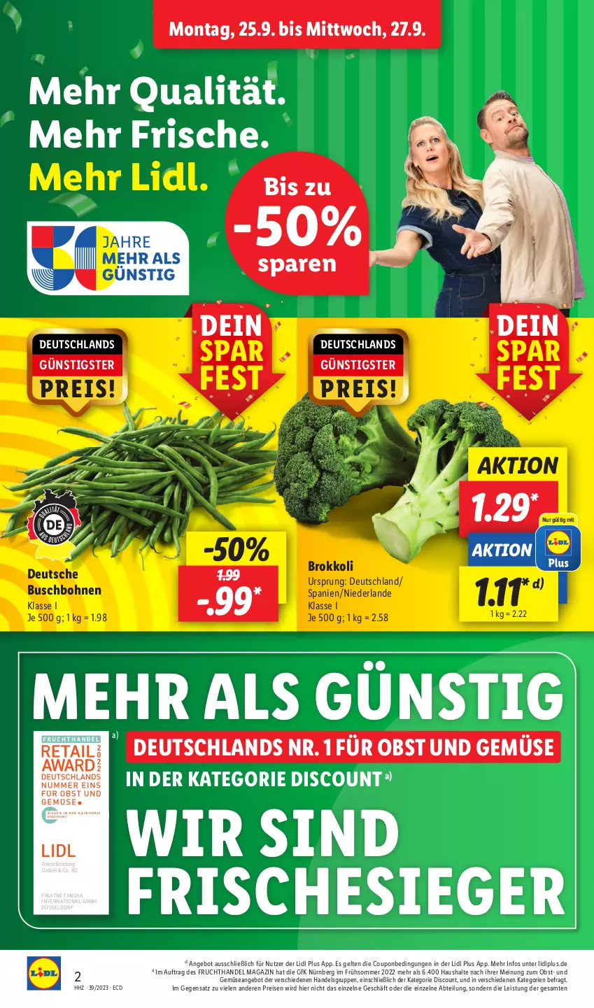 Aktueller Prospekt Lidl - Aktionsprospekt - von 25.09 bis 30.09.2023 - strona 2 - produkty: Abtei, angebot, bohne, bohnen, brokkoli, Buschbohnen, coupon, discount, eis, ente, frucht, magazin, obst, Obst und Gemüse, reis, Ti, und gemüse