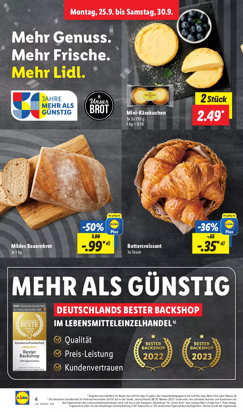 Aktueller Prospekt Lidl - Aktionsprospekt - von 25.09 bis 30.09.2023 - strona 4 - produkty: angebot, auer, Bau, Bauer, brot, butter, coupon, Croissant, eis, Käse, käsekuchen, kuchen, lebensmittel, LG, nuss, Rauch, reis, Ti