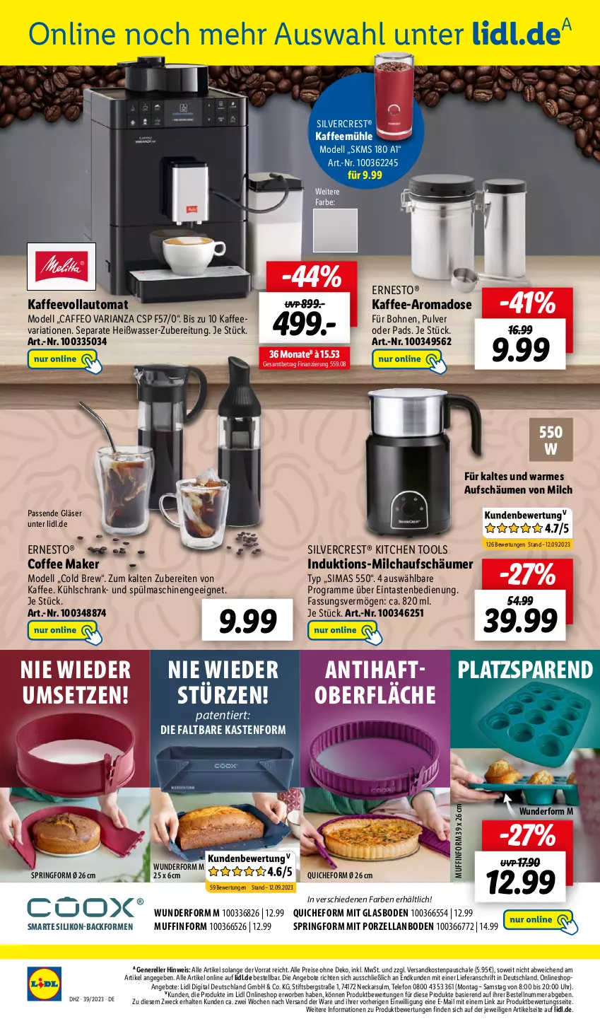 Aktueller Prospekt Lidl - Aktionsprospekt - von 25.09 bis 30.09.2023 - strona 44 - produkty: angebot, angebote, auto, Backform, bohne, bohnen, caffe, dell, eis, elle, ernesto, Gläser, kaffee, Kaffeemühle, kaffeevollautomat, kühlschrank, milch, milchaufschäumer, Mode, Muffin, Muffinform, ndk, Quiche, reis, rel, Ria, ring, Schal, Schale, Schrank, silvercrest, sim, Springform, spülmaschinen, telefon, Ti, uhr, wasser, weck