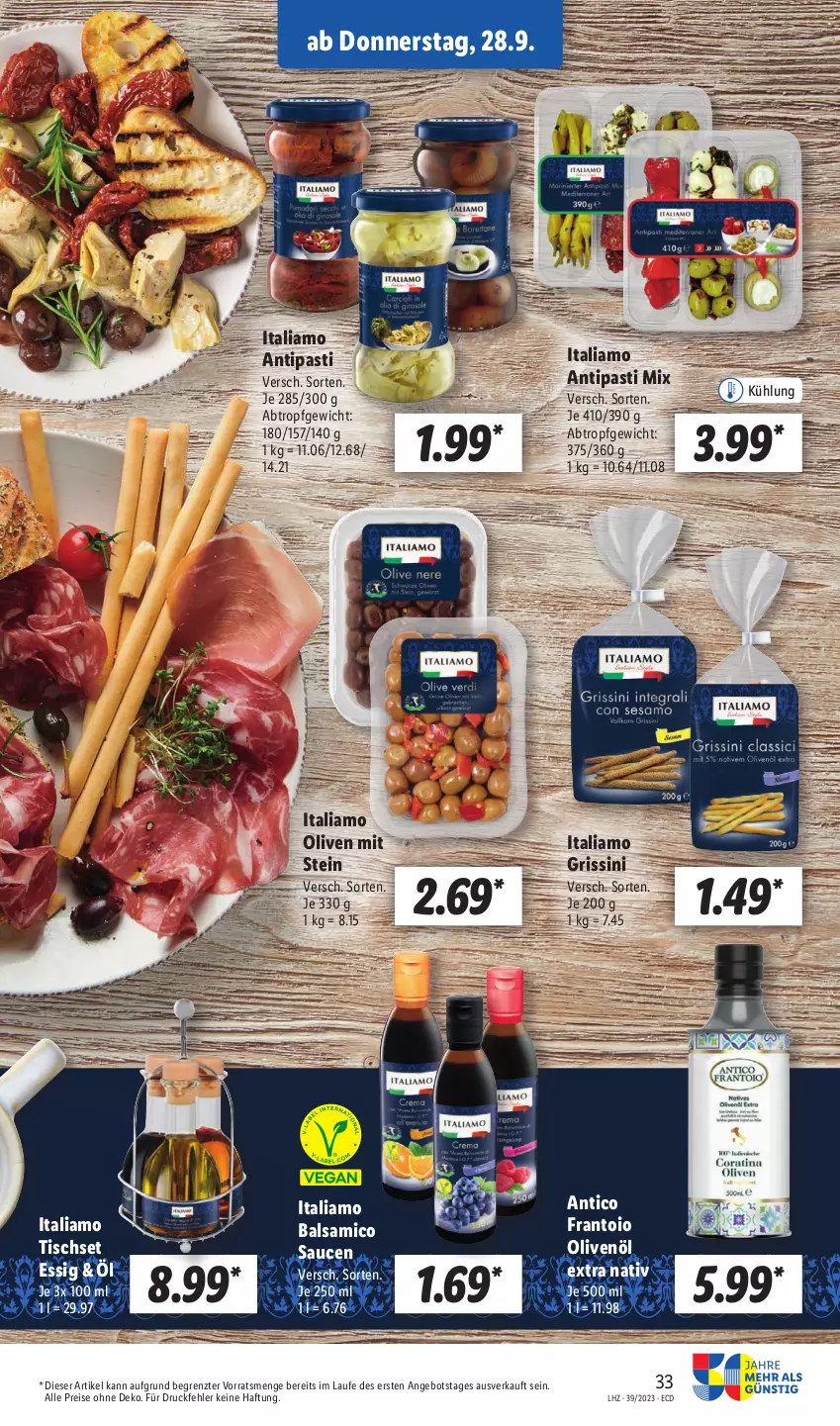 Aktueller Prospekt Lidl - Aktionsprospekt - von 25.09 bis 30.09.2023 - strona 49 - produkty: angebot, antipasti, asti, balsam, balsamico, eis, essig, grissini, italiamo, olive, oliven, olivenöl, olivenöl extra, reis, sauce, saucen, Ti, tisch, Tischset, ZTE