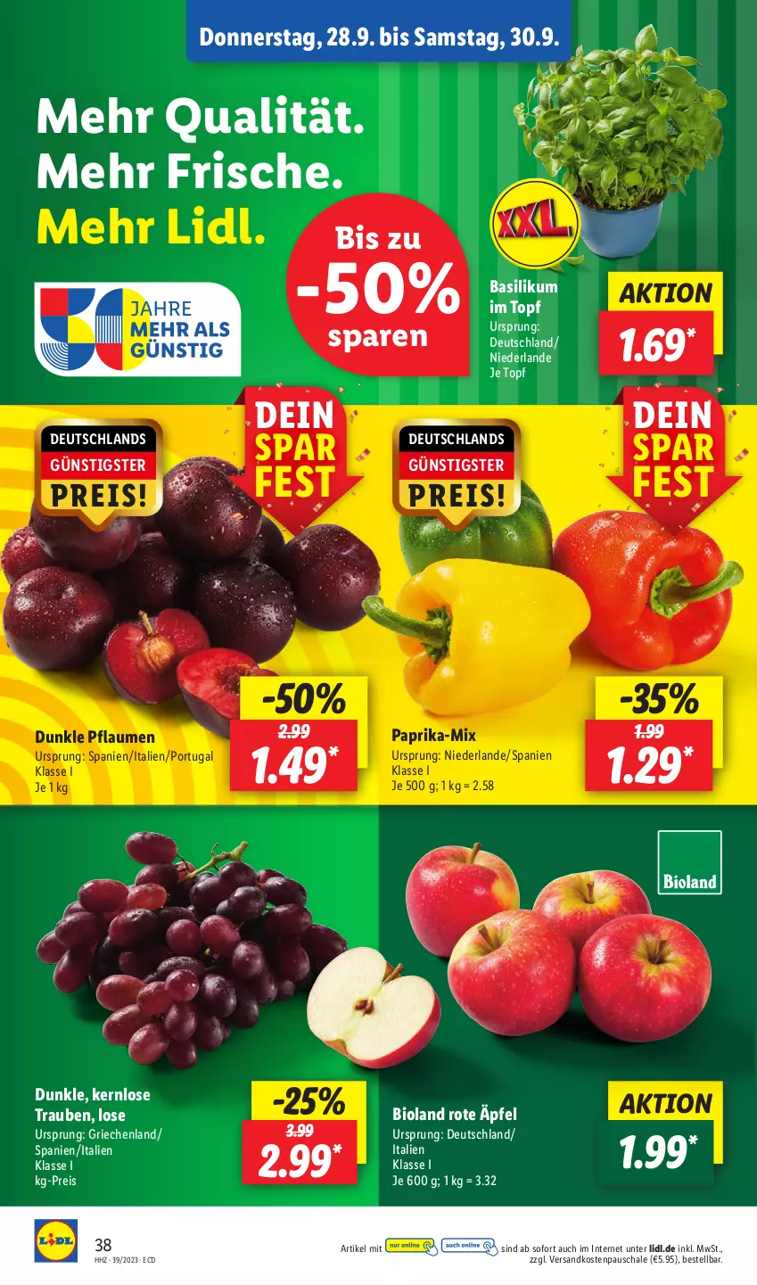 Aktueller Prospekt Lidl - Aktionsprospekt - von 25.09 bis 30.09.2023 - strona 56 - produkty: basilikum, bio, bioland, eis, ndk, paprika, pflaume, pflaumen, reis, Schal, Schale, Ti, topf, trauben