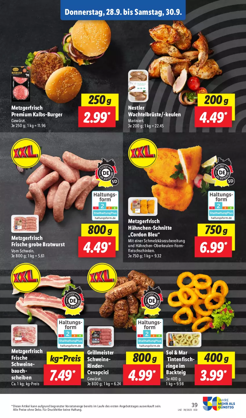 Aktueller Prospekt Lidl - Aktionsprospekt - von 25.09 bis 30.09.2023 - strona 57 - produkty: angebot, Bau, bauchscheiben, bratwurst, burger, cevapcici, cordon bleu, eis, fisch, fleisch, gewürz, grill, grobe bratwurst, Hähnchen-Oberkeulen, Käse, Meister, reis, rind, rinder, ring, schinken, Schmelzkäse, schmelzkäsezubereitung, schwein, schweine, Schweinebauch, schweinebauchscheiben, Ti, Tintenfischringe, wein, weine, wurst, ZTE