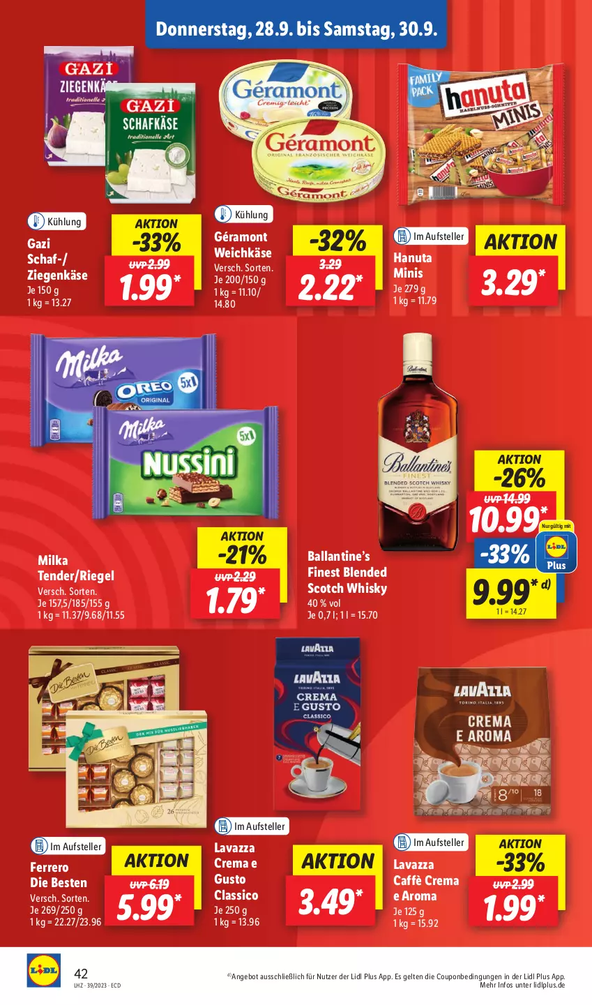 Aktueller Prospekt Lidl - Aktionsprospekt - von 25.09 bis 30.09.2023 - strona 60 - produkty: angebot, ball, blended scotch, blended scotch whisky, caffè crema, classico, coupon, elle, ferrero, géramont, hanuta, Käse, lavazza, milka, riegel, scotch, scotch whisky, teller, tender, Ti, weichkäse, whisky, ziegenkäse