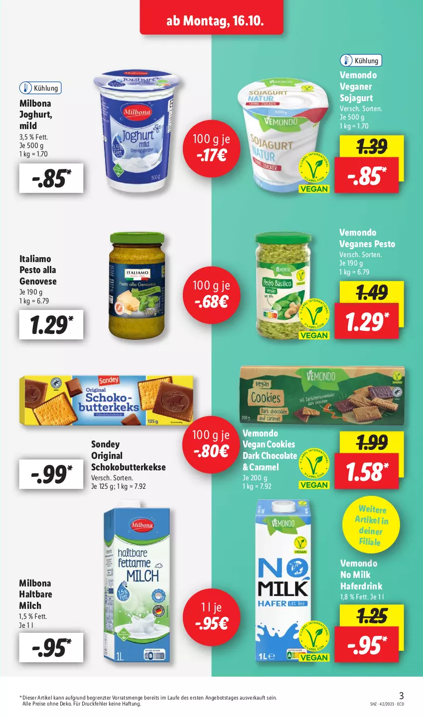 Aktueller Prospekt Lidl - Geschenkebooklet - von 11.10 bis 11.10.2023 - strona 3 - produkty: angebot, Bona, butter, butterkeks, caramel, cola, cookie, cookies, drink, eis, genovese, gin, hafer, Haferdrink, haltbare milch, italiamo, joghur, joghurt, keks, kekse, Milbona, milch, pesto, reis, schoko, soja, Sondey, Ti, ZTE