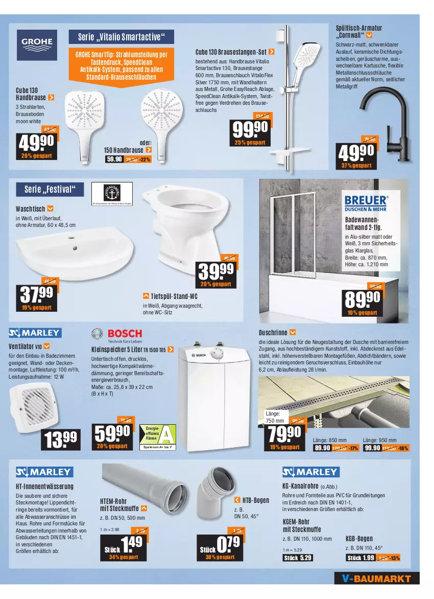 Aktueller Prospekt Vmarkt - V-Baumarkt - von 31.03 bis 06.04.2022 - strona 5 - produkty: armatur, Bad, Badewanne, Bau, brause, brauseschlauch, Brei, decke, dusche, edelstahl, eis, elle, grohe, handbrause, LG, Rauch, ring, rum, schlauch, schläuche, spee, Spektrum, Ti, tisch, ventilator, vita, Wanne, waschtisch, wasser, wc-sitz